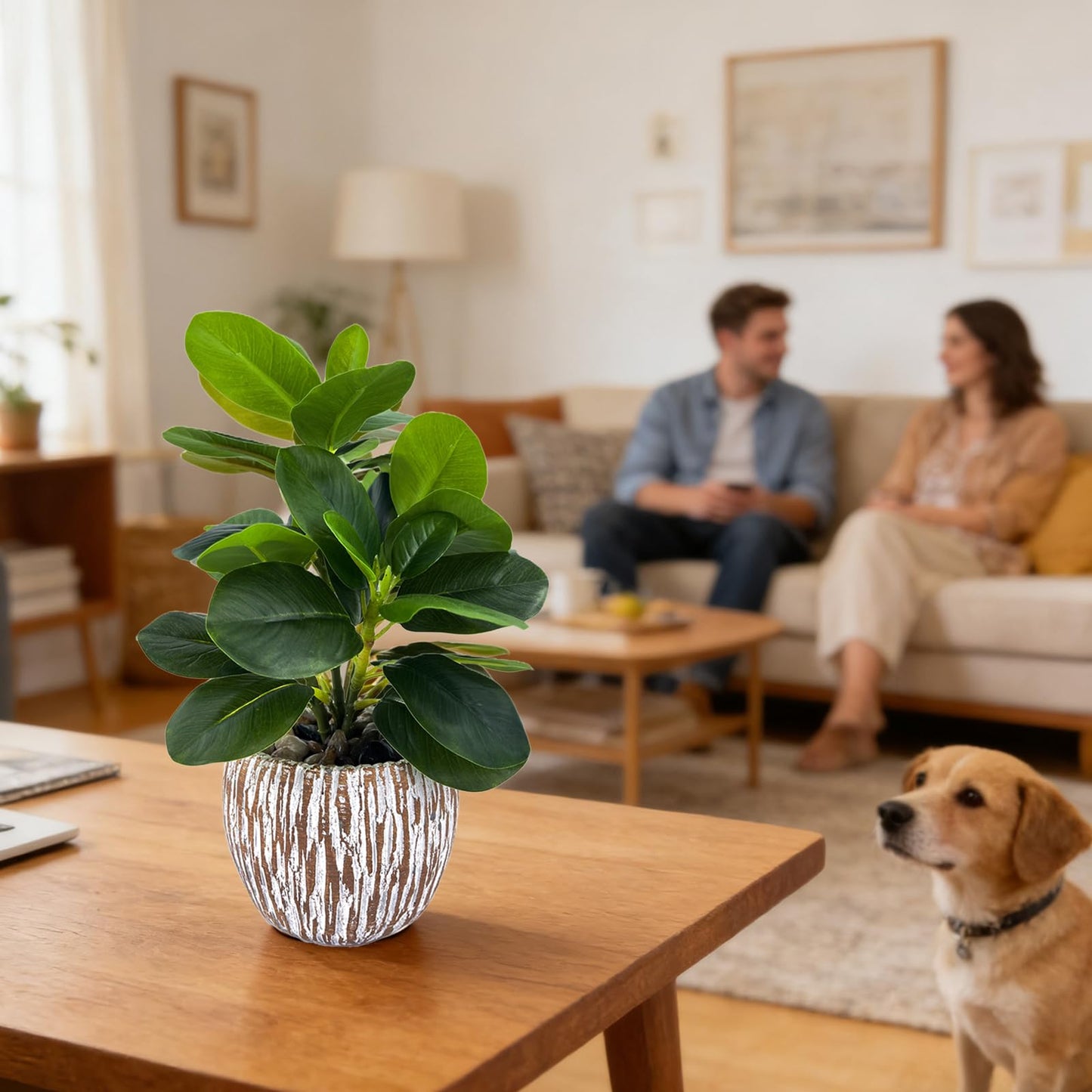 FLRLIVING Artificial Potted Plants Life-Like Fake Plant with Farmhouse-Style Cement Planter Feturing Light Wood Tone for Room Bathroom Bedroom Kitchen Office Dese Coffee Table Décor (9inch)