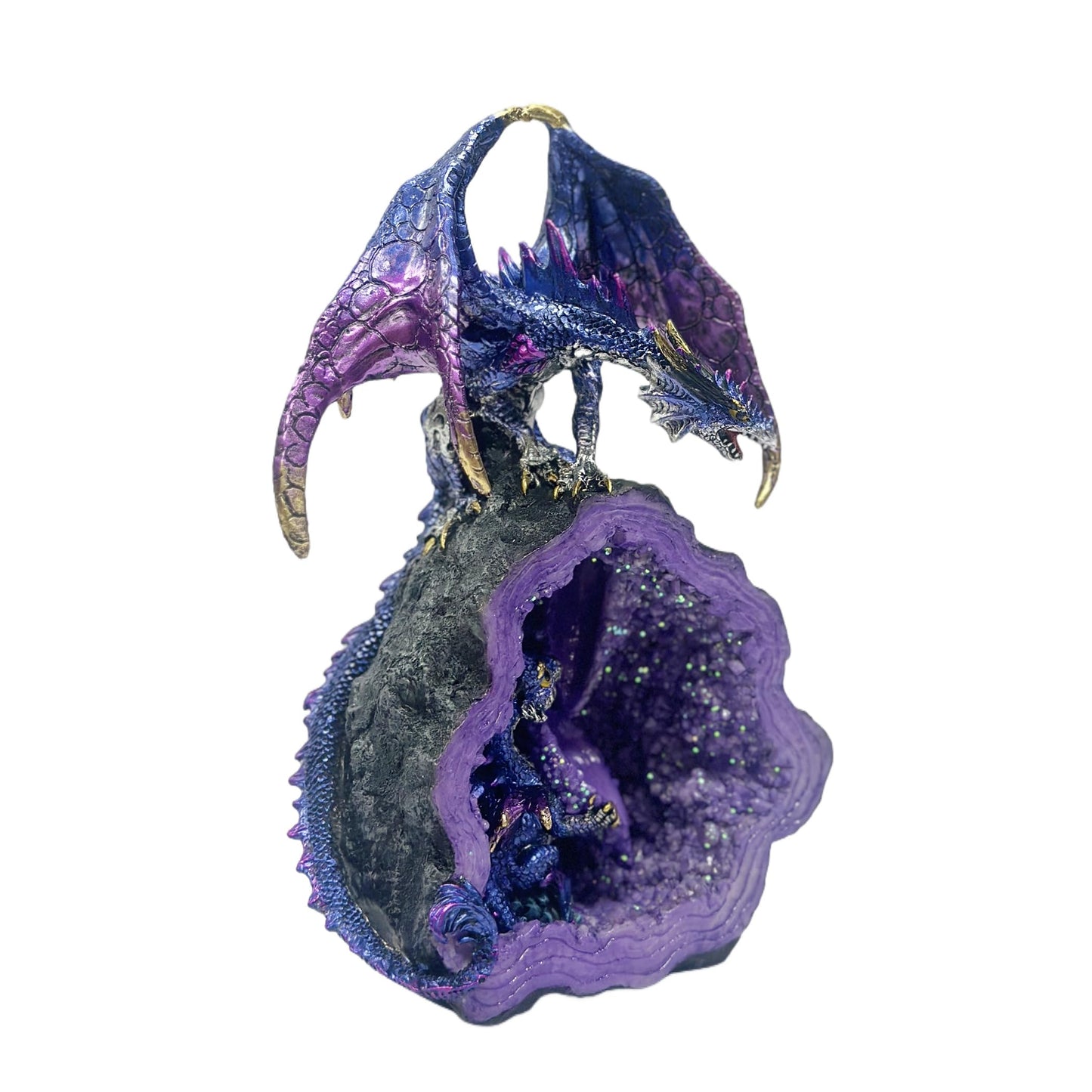 Nature's Mark 9.84-Inch Purple Dragon on Geode Figurine - Metallic Iridescent Guardian Dragon with Baby Hatchling in Crystal Cave - Fantasy Mythical Decor Statue for Home or Office