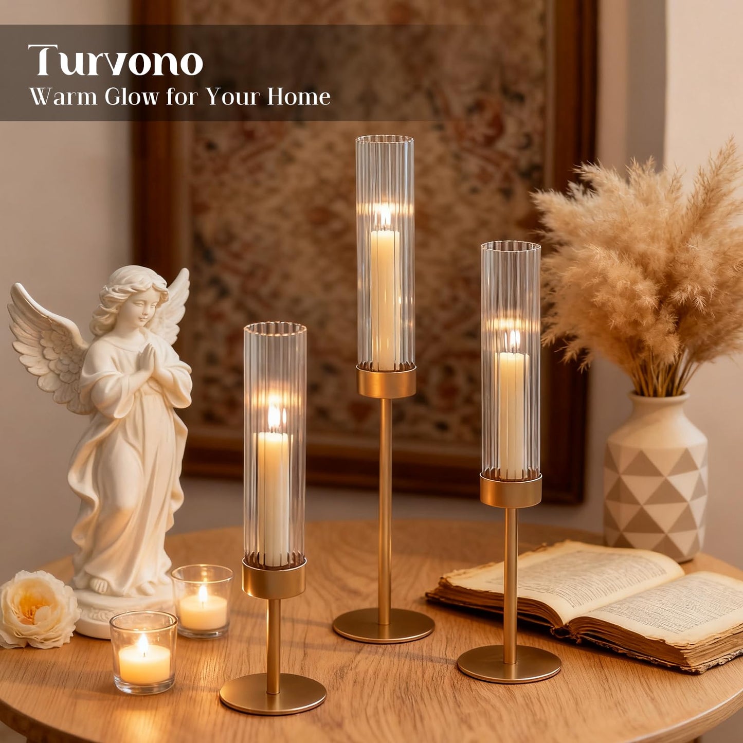 Turvono Gold Hurricane Candle Holders Set of 3, Brass Taper Candle Holders for Candlesticks, Elegant Tall Candle Sticks Holder Decor for Table Centerpiece, Wedding & Christmas Decorations