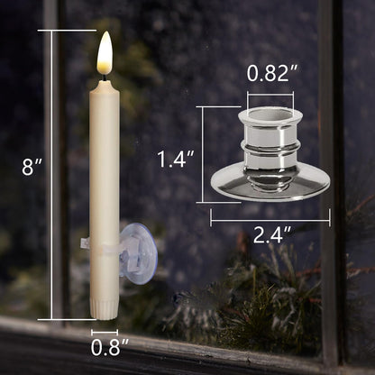 6PACK Flameless Battery Powered 8'' Ivory Taper Windows Candles, Include 12 AA Batteries, with Remote and Timer, with Suction Cup and Removable Silver Candleholders, Remote Included, Patented
