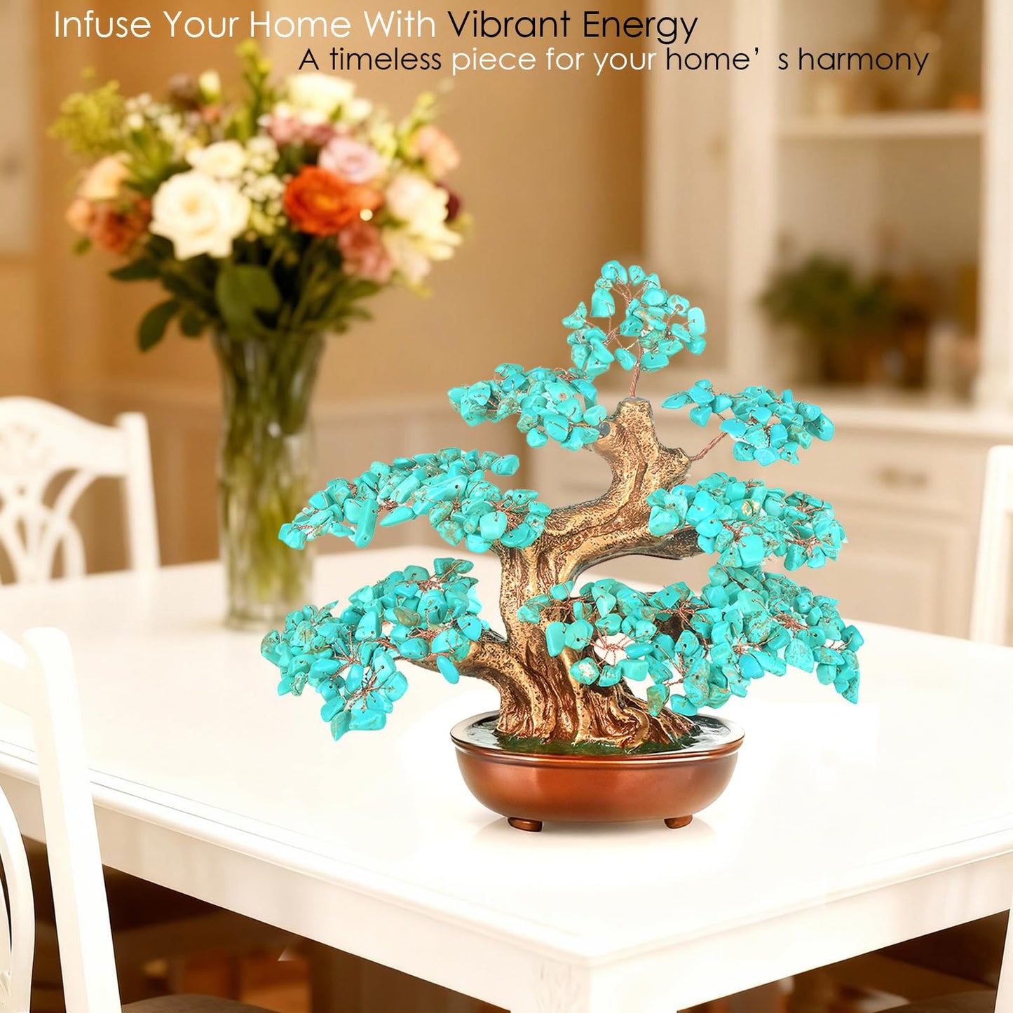 MASGEMES Howlite Turquoise (360 Large Beads) Crystal Tree Bonsai – Throat Chakra Healing Tree of Life, Feng Shui Positive Energy Decor for Home Office & Meditation Spaces 8''