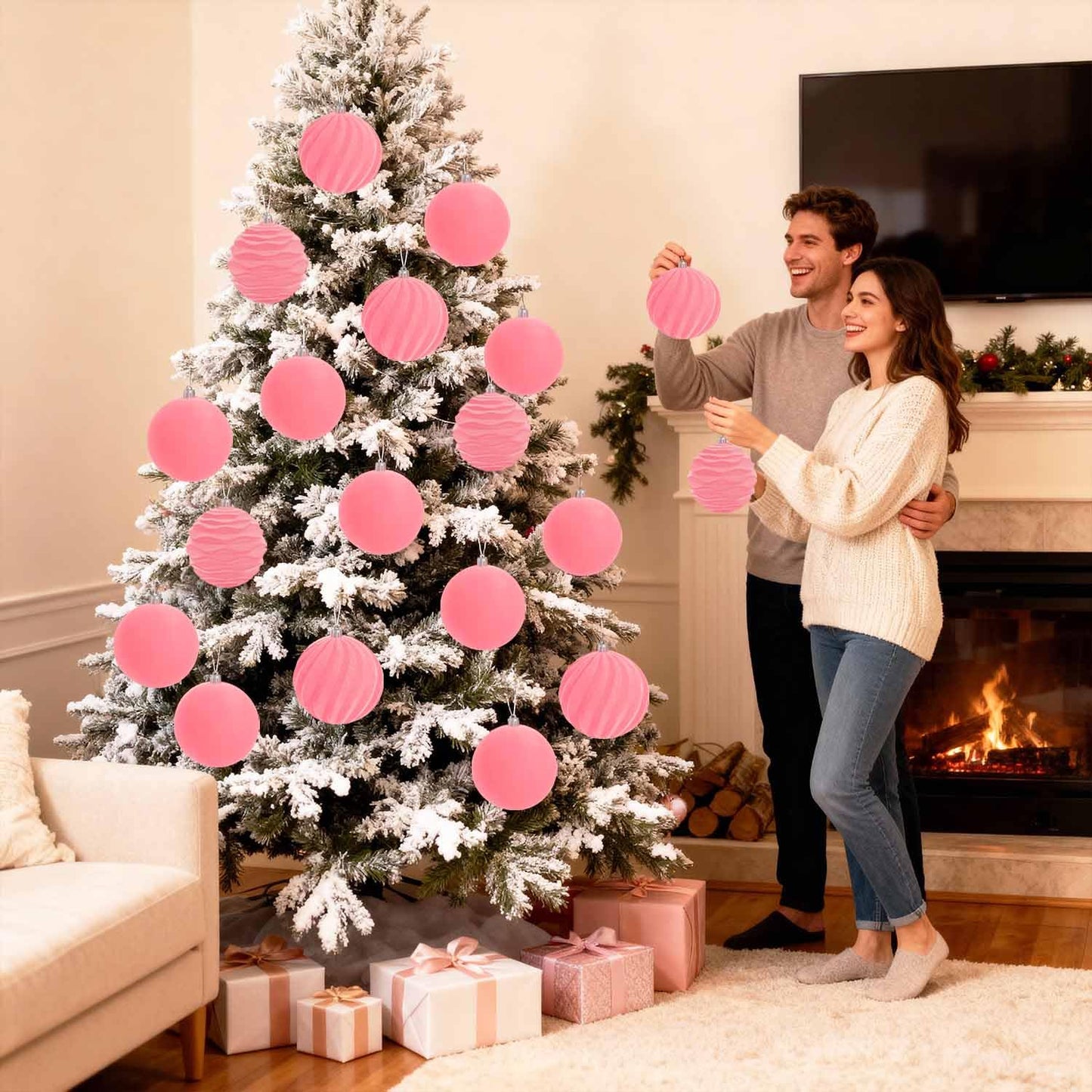 Artmag 4 PCS Large Velvet Christmas Balls Ornaments Shatterproof Hanging Set Flocked for Xmas Tree Holiday Party Decorations (Pink,4 Inch)