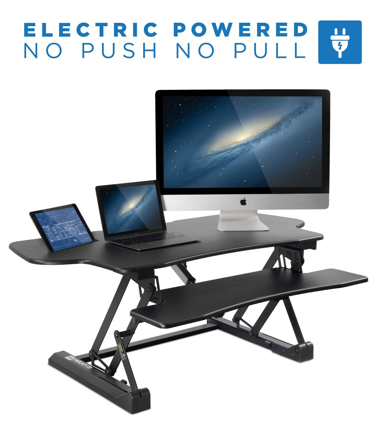Mount-It! 48.5" Electric Standing Desk Converter for Dual Monitors, Motorized Sit Stand Electric Desk Riser with USB Port & Device Slot, Keyboard Tray, Adjustable Height Ergonomic Workstation, Black