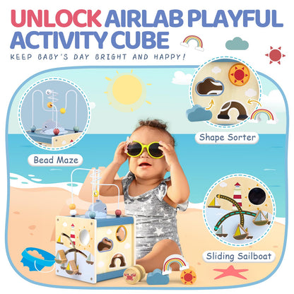 Airlab Wooden Activity Cube Baby Toys for 1 Year Old, 1st Birthday Gifts for Girls and Boys, 12+ Months Montessori Toys with Bead Maze Shape Sorter Educational Sensory Toys for Kids Age 1 2 3