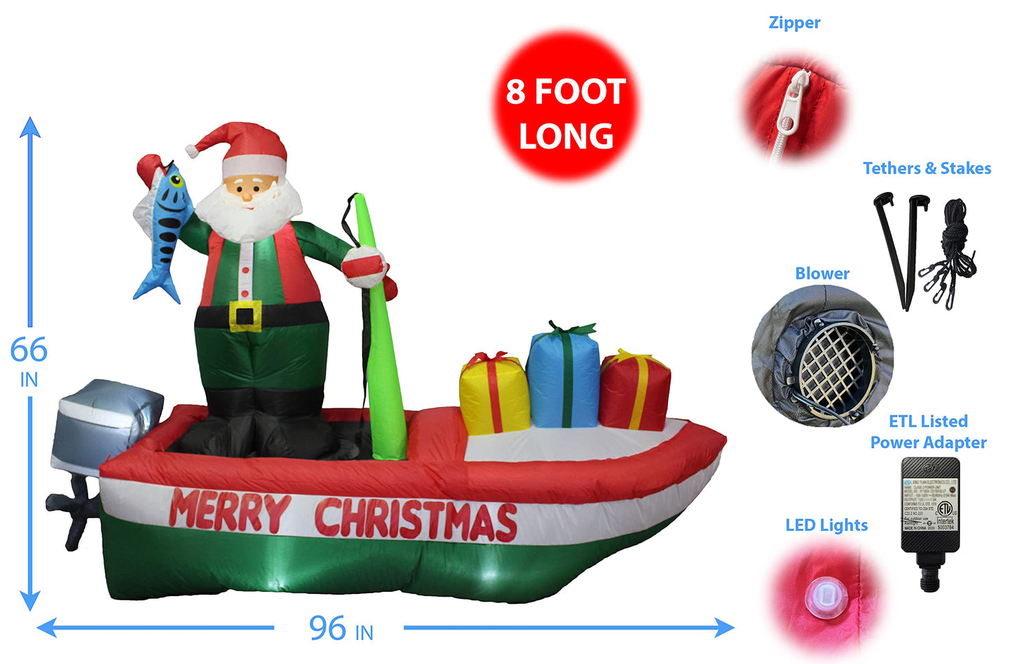8 Foot Long Inflatable Santa Claus on a Fishing Boat