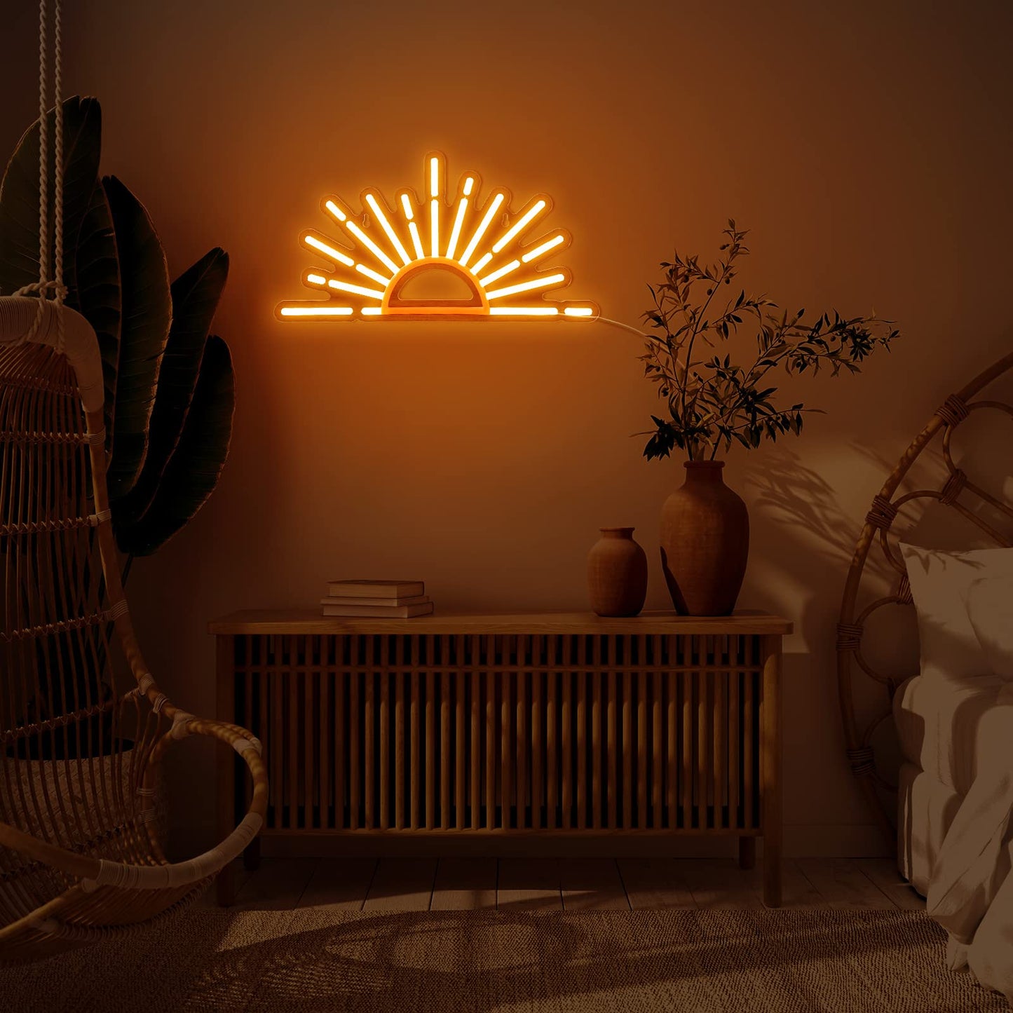 Ganeen Orange Sunrise Sunset Neon Sign Boho Wall Art Neon Lights for Bedroom Sun on The Horizon LED Signs Wall USB Night Room Decor for Living Room, Kitchen, Bathroom, Office Decor, Christmas Gifts