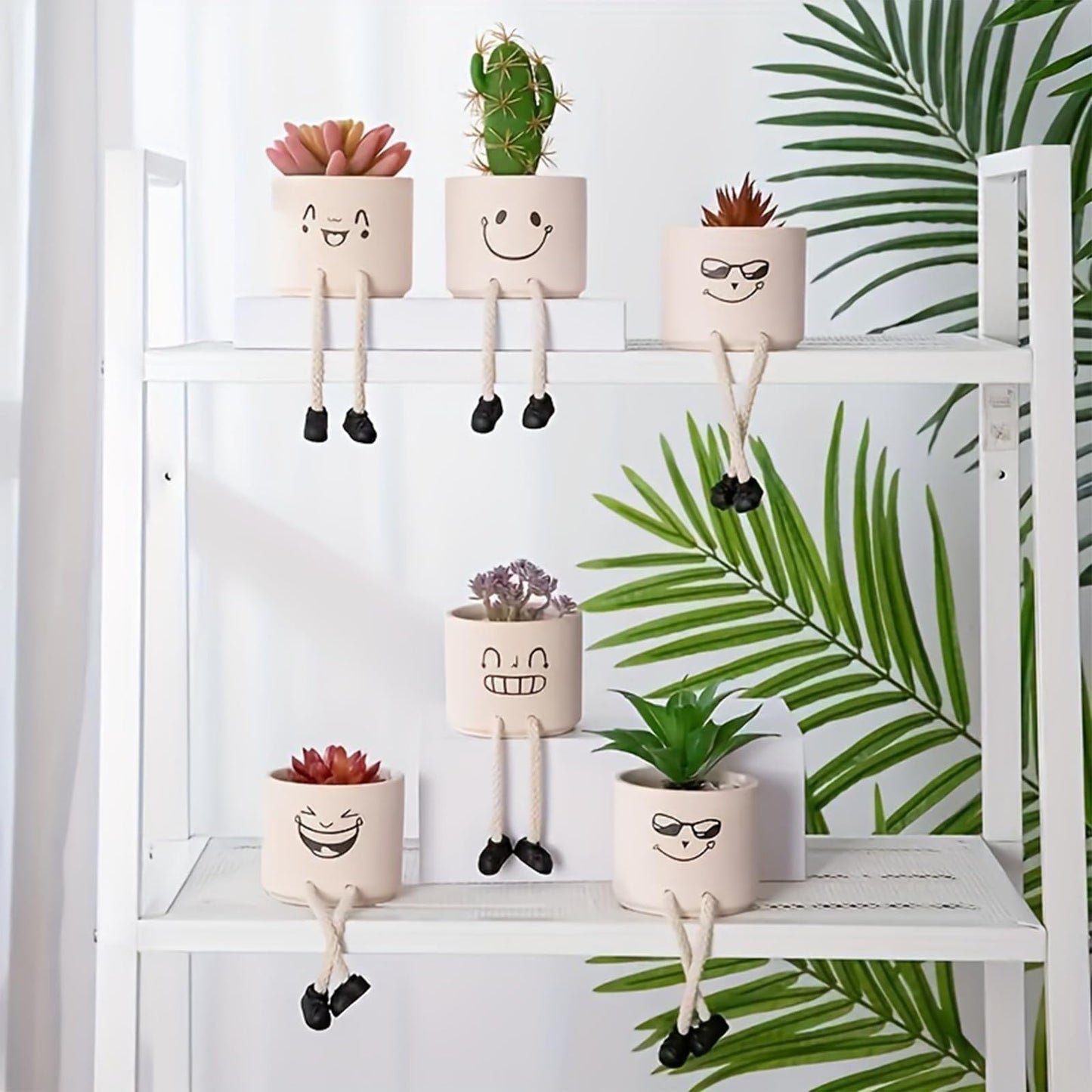 KAKAHOUS Smile Face Planter Pot Ceramic Flower Head Planters with Hanging Foot Doll Succulent Pots for String of Pearls Plant Live Gift Ideas for Mother, Christmas(Laughing)