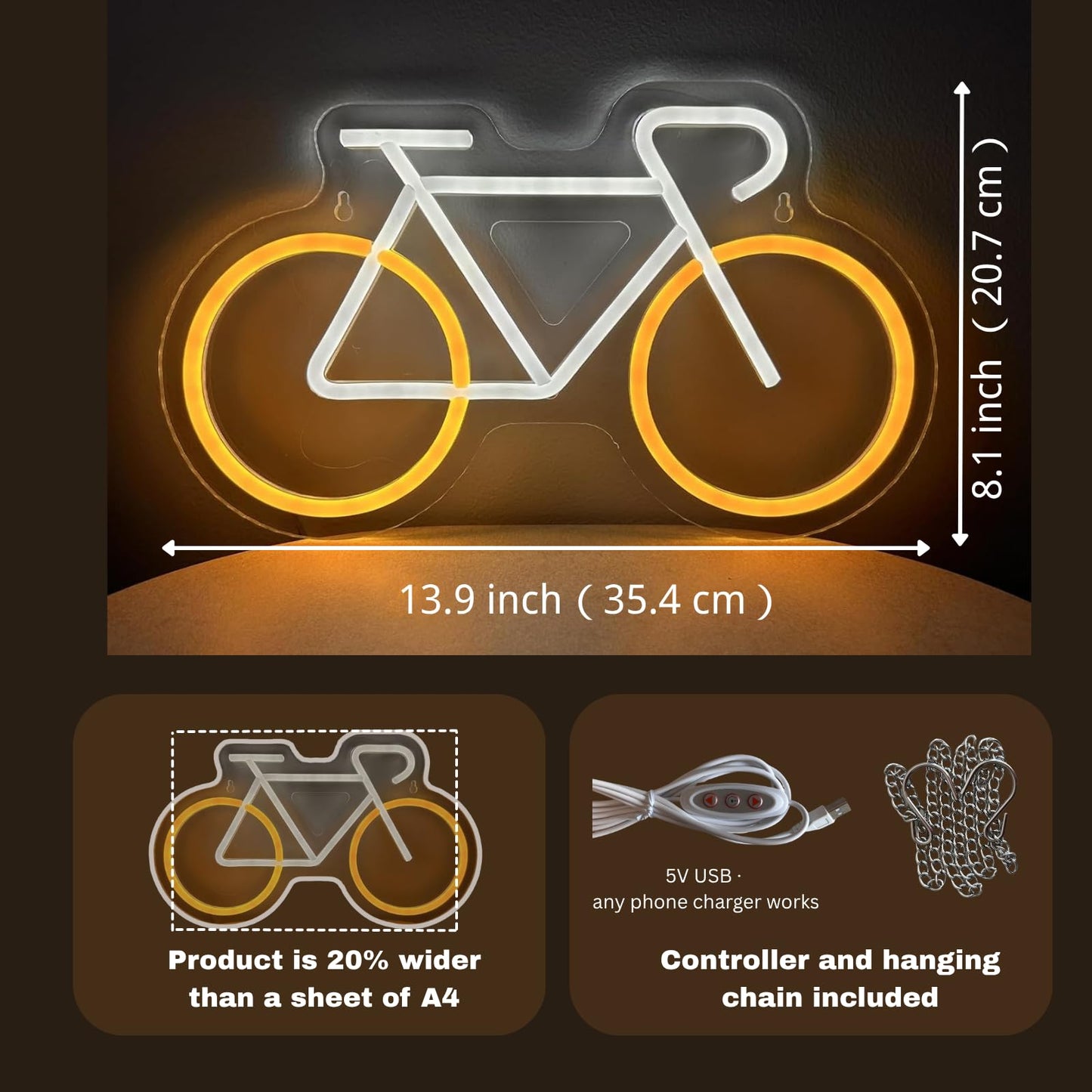 Bike Neon Sign for Wall Decor, Neon Bicycle Sign USB Powered Cycling Room Decor for Bedroom, Garage, Man Cave, Gift for Bike Lovers, 13.9×8.1"