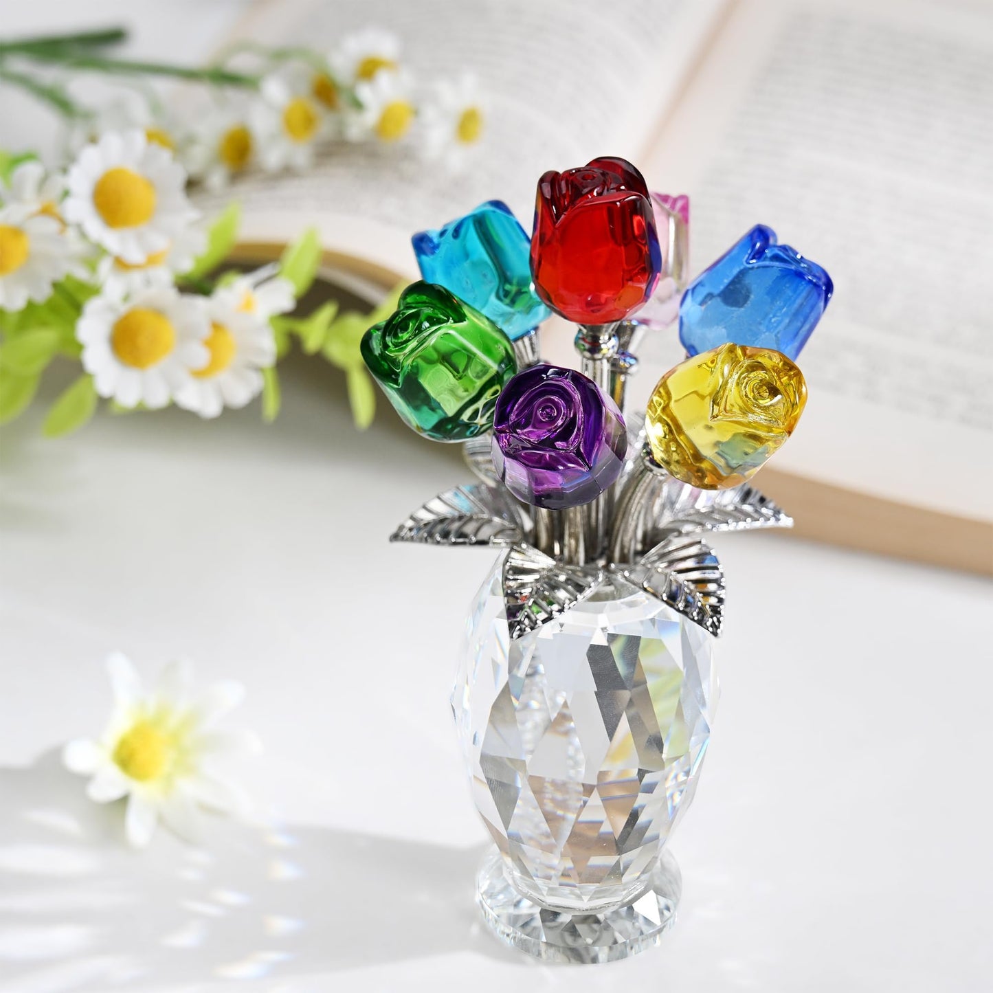 KRISININE Elegant Crystal Rose Figurine 7 Colorful K9 Crystal Flowers Floral Collectible Sculpture Romantic Gift for Valentine’s Day, Mother’s Day, Wedding, Anniversary