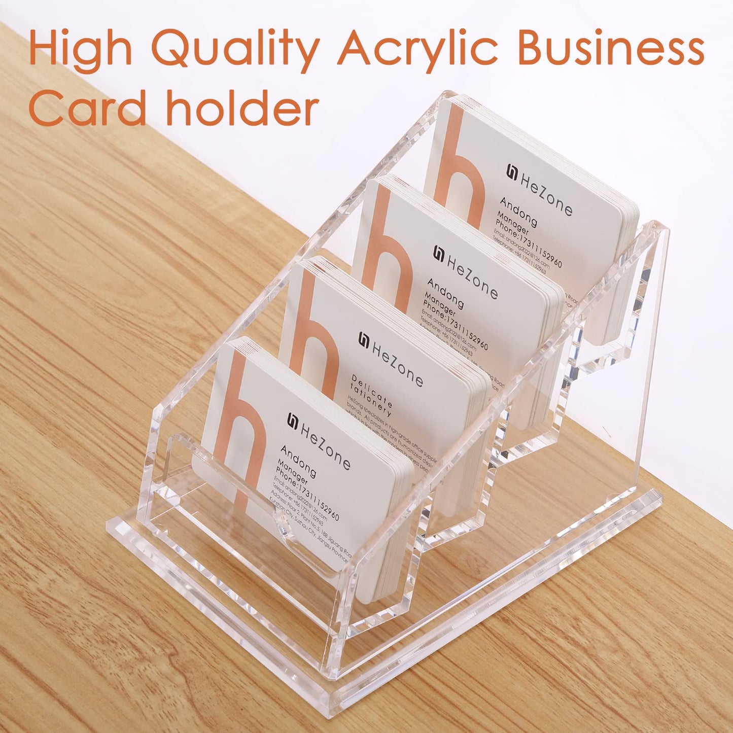 Business Card Holder for Desk Clear Acrylic Business Cards Stand Organizer Business Card holder 4 Slots 4 Tier Tilt Angle Business Card Display Rack-1 Pack