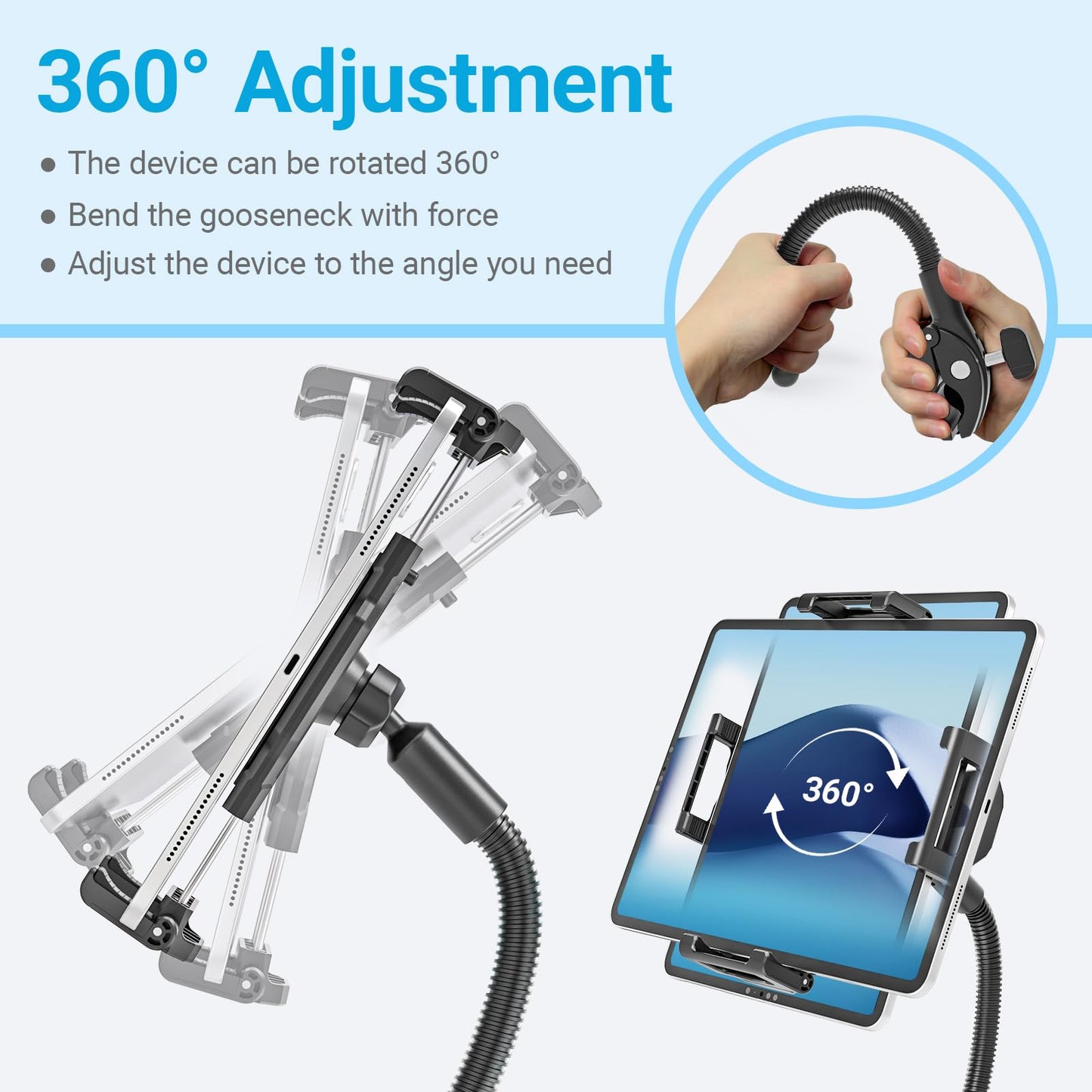 INSSKY All-Metal Gooseneck Spin Bike Tablet Holder, Mount for Exercise/Stationary Bike, Elliptical, Peloton, 360° Flexible Long Arm, Heavy-Duty No-Shake, Fit for iPad Pro/Air/Mini & 6.1-15.6" Devices