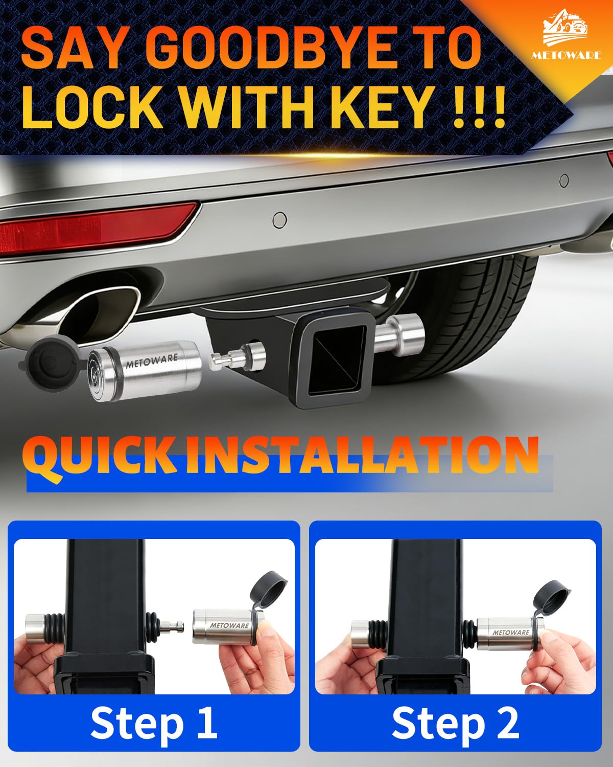 METOWARE Stainless Steel Trailer Hitch Lock - 5/8" Pin for Class III IV Hitches (2" & 2.5" Receivers) - Heavy Duty Anti-Theft Receiver Lock with 8 Anti-Rattle O-Rings & Waterproof Cap