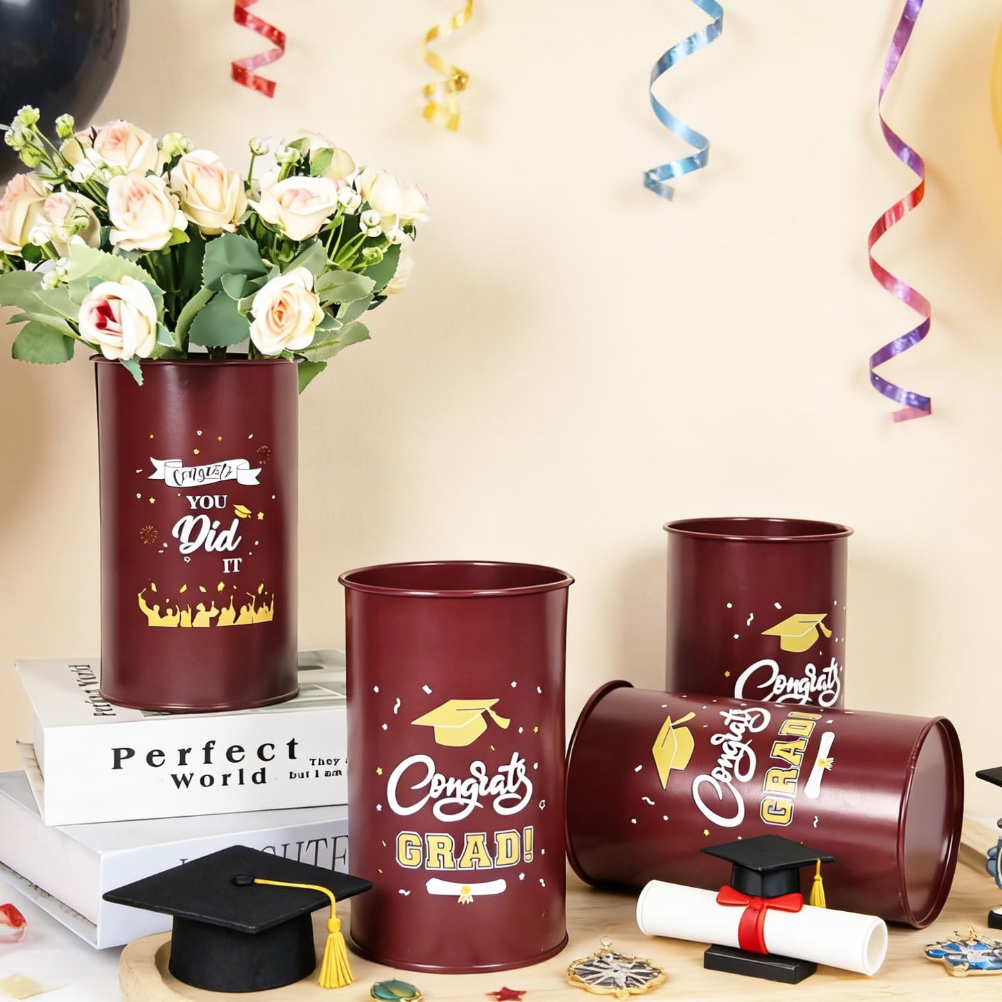 Pack of 6 Graduation Centerpieces Vase for Tables 2026, Galvanized Metal Tin Holder for Flowers Grad Caps Utensil, Congrats Grad Mason Jars for Home Party Decorations Supplies, Reddish Brown