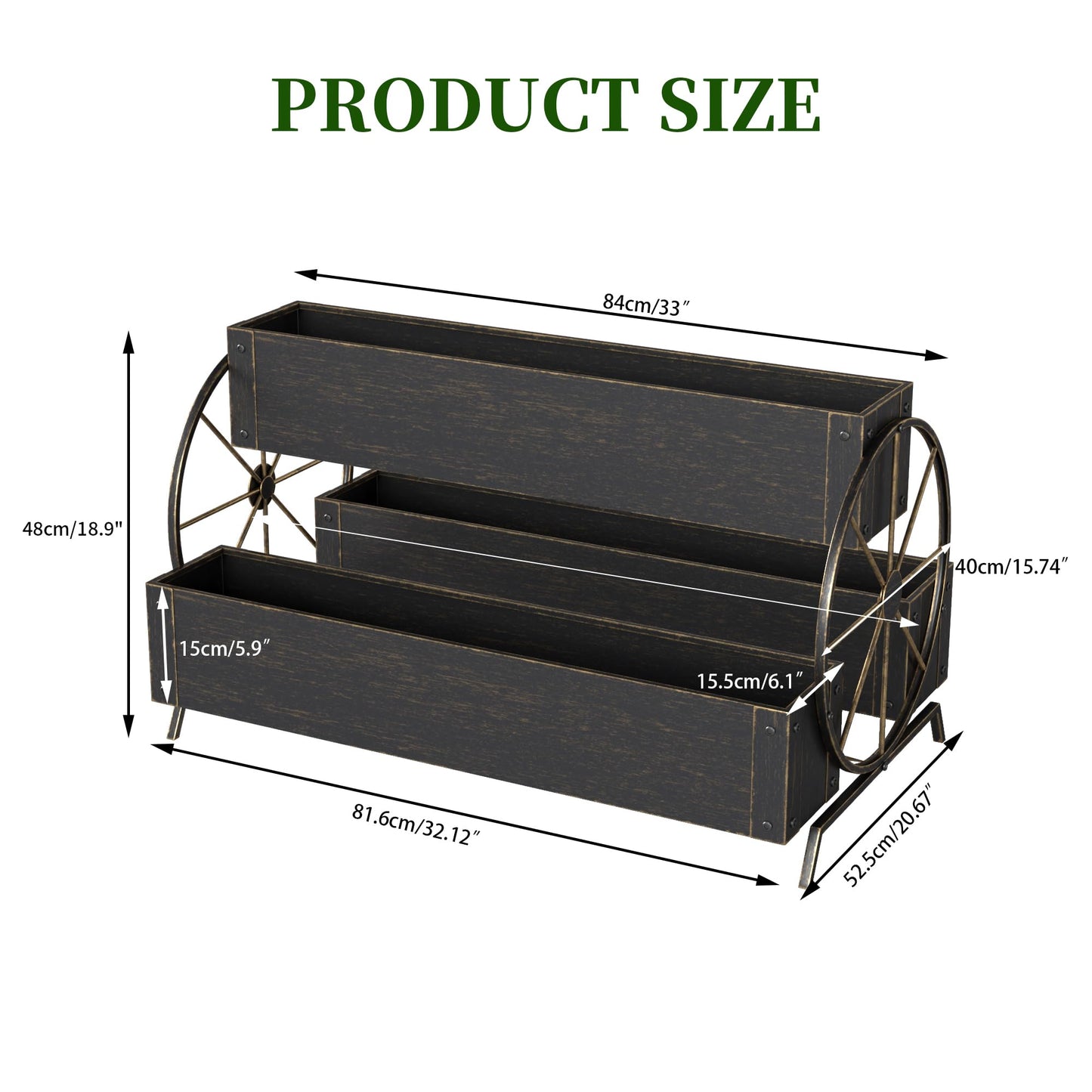 Athuiline Metal Raised Garden Beds with Wagon Wheels, 3-Tier Outdoor Planter Boxes, Decorative Herb Garden Planter for Flowers Herbs Vegetables, Small Flower Cart for Patio, Balcony (Retro Gold)