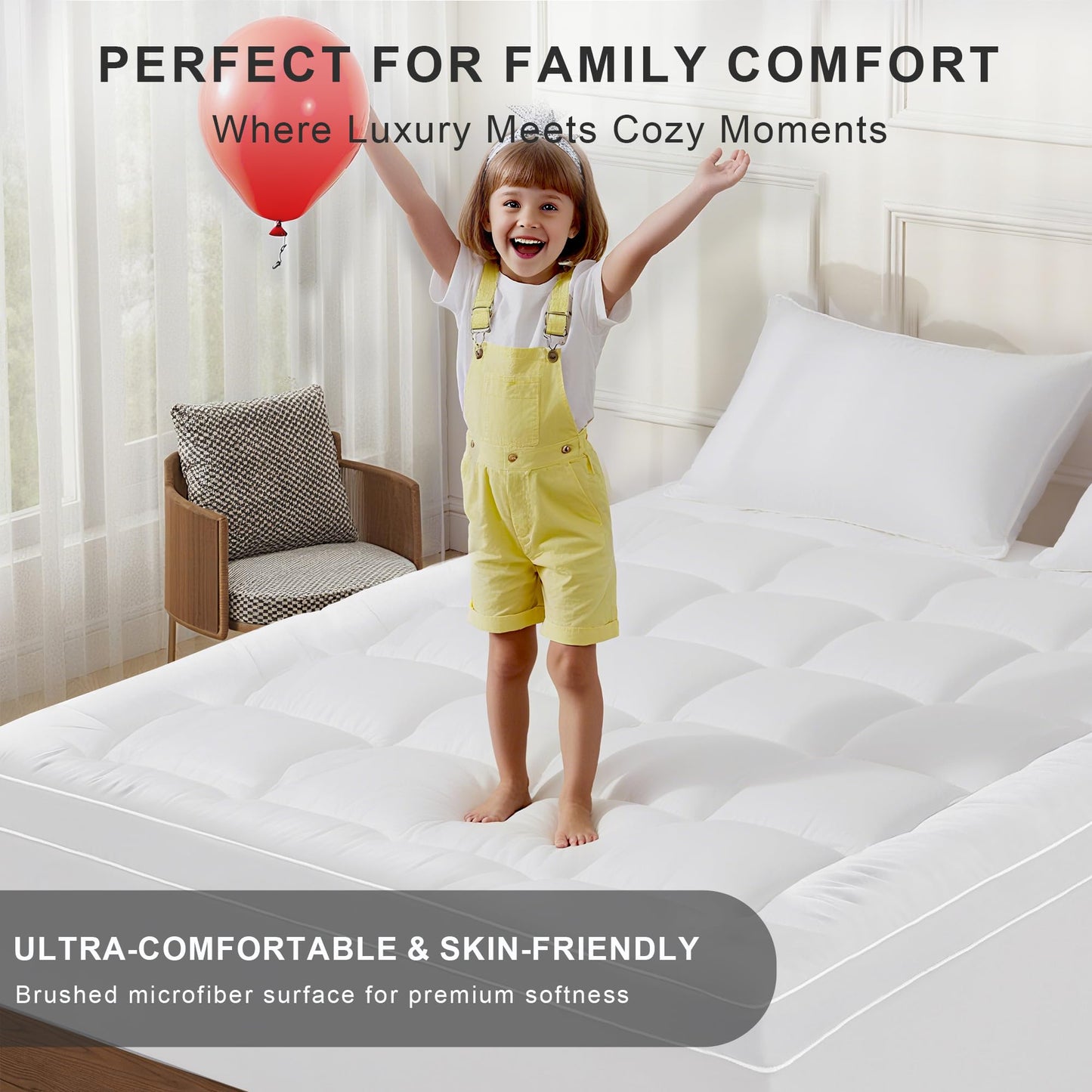 3In Mattress Topper Queen for Back Pain Relief, Add Cushion for Firm Mattresses, Better Sleep - Cooling Cloud-Like Comfort Extra Fluffy Layer, RV Mattress Pillow Top, 8-21" Deep Pocket