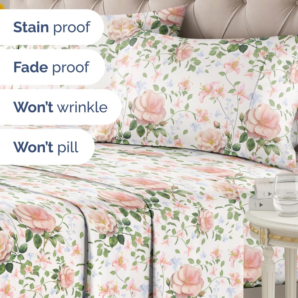 Floral Sheets - Pink Floral Rose Bed Sheet Set - 1 Flat, 1 Fitted & 2 Pillowcases w/ Deep Pockets - Comfy, Wrinkle & Fade Free Boho Botanical Bedding - Ultra-Soft, Breathable & Cooling - Full Size New