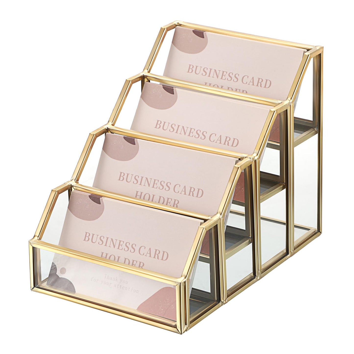 Hipiwe 4 Slots Glass Business Card Holder for Desktop, Gold Mirrored Business Card Display Stand, Multiple Clear Business Name Card Organizer Holder for Office Exhibition