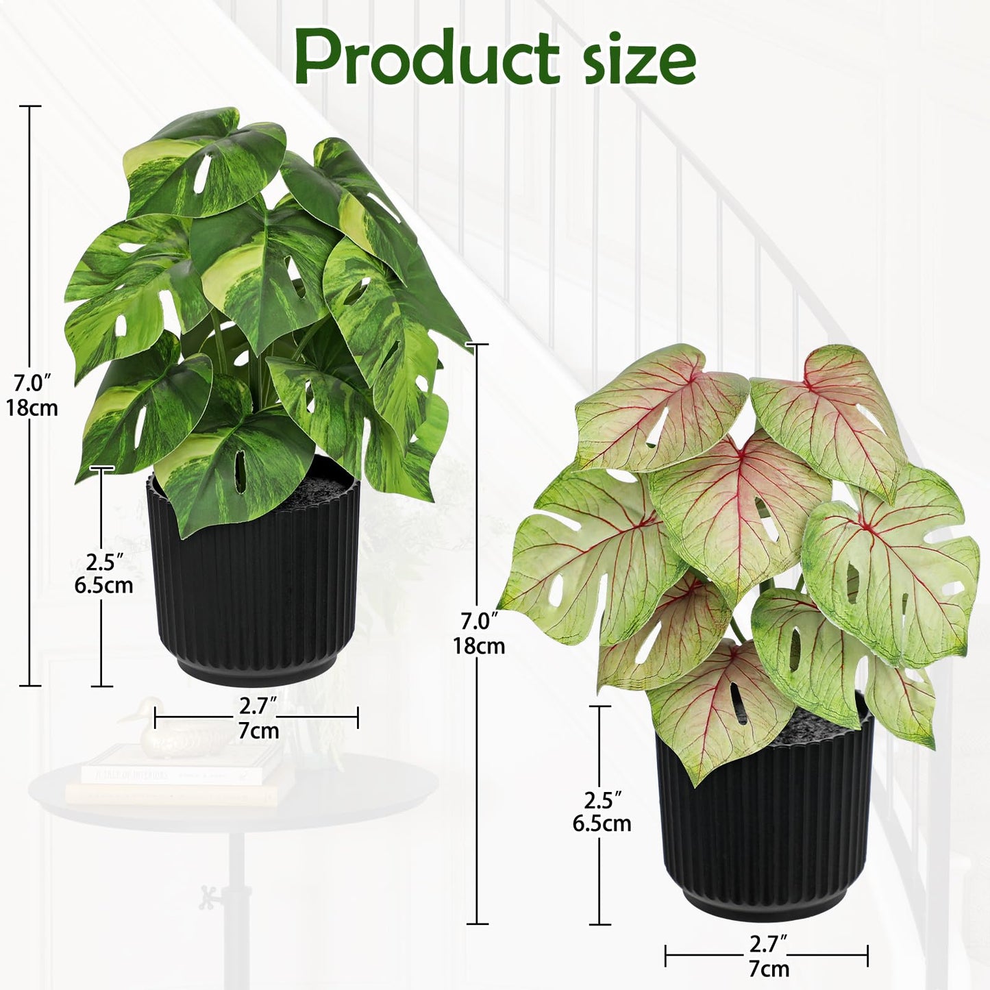 Oairse Small Artificial Monstera Potted Plant - 2 Pcs Faux Monstera Plants Mini Fake Greenery Deliciosa Plant Potted Fake Tropical Plants in Pot for Home Office Table Room Farmhouse Indoor Decoration