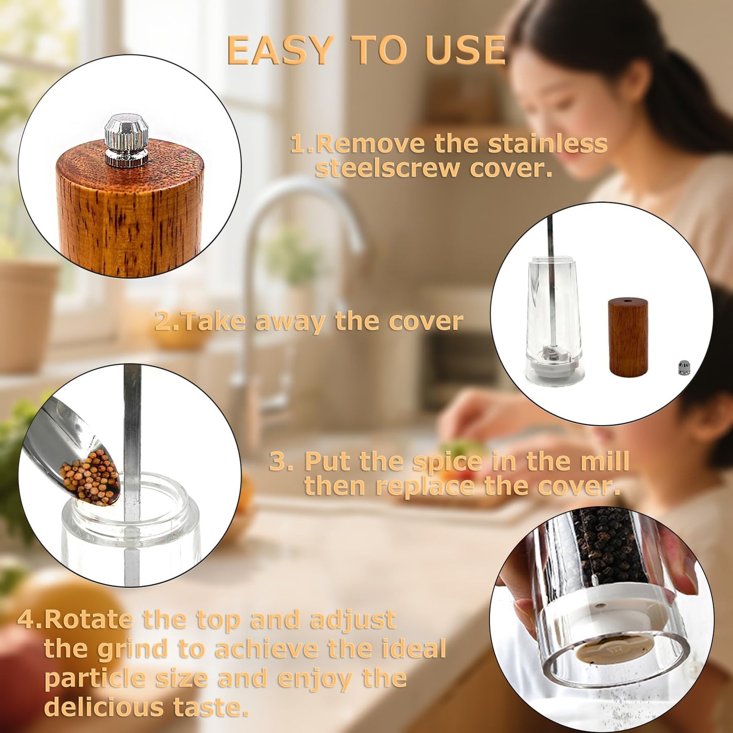 Salt and Pepper Grinder Set, Acrylic Pepper Mill with Adjustable Coarseness Wooden Pepper Grinder, Manual Salt Shake Refillable for Kitchen, Pack of 2 (Dark Wood)