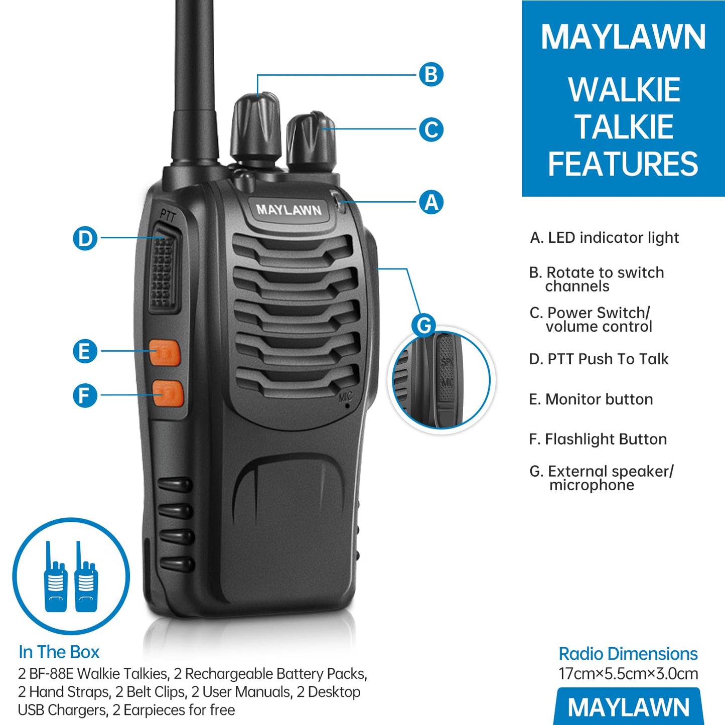 Maylawn Walkie Talkies Long Range 2Pcs, Walkie Talkies for Adults with Rechargeable Batteries, 2 Way Radio with LED Light Earpieces 16CH Supports VOX Function