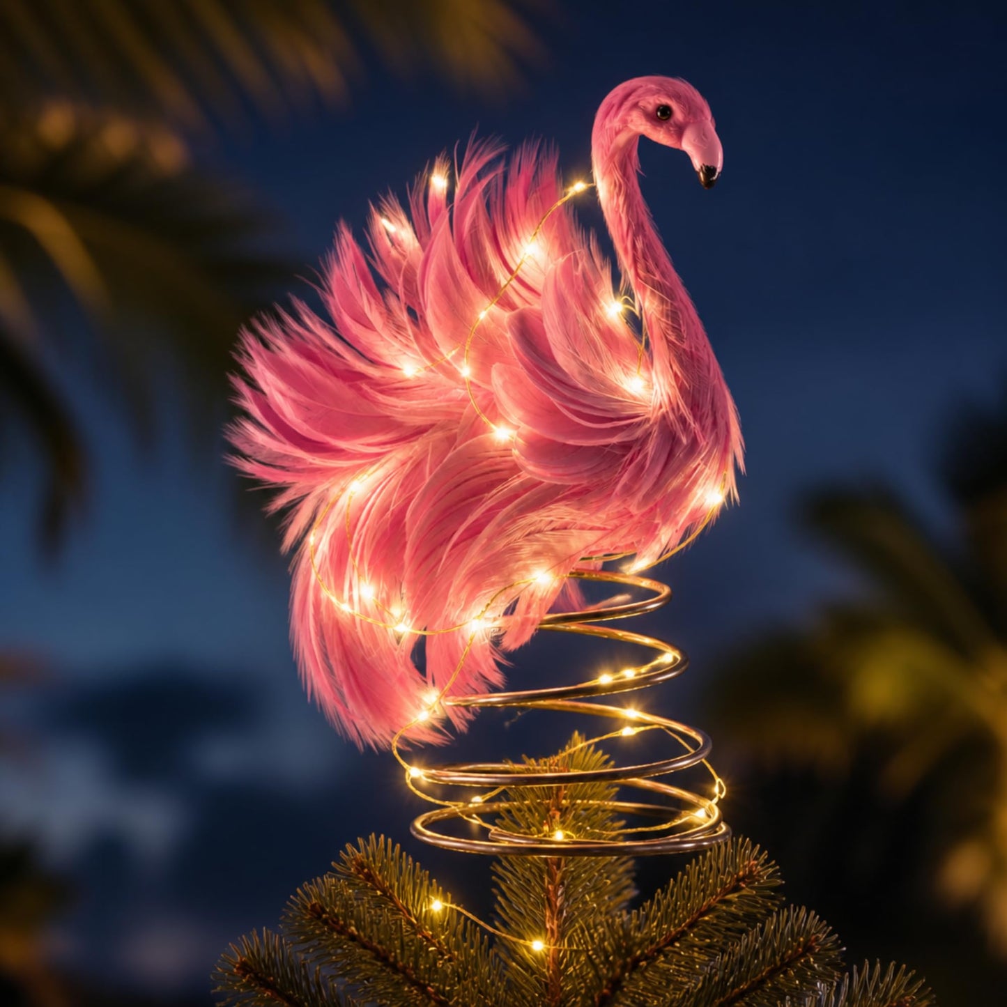 Gejoy 4 Inch Summer Pink Flamingo Mini Tree Topper with Artificial Fluffy Feather LED String Lights Light up Pink Flamingo Tropical Decorations for Small Christmas Tree Ornament Holiday Party Decor