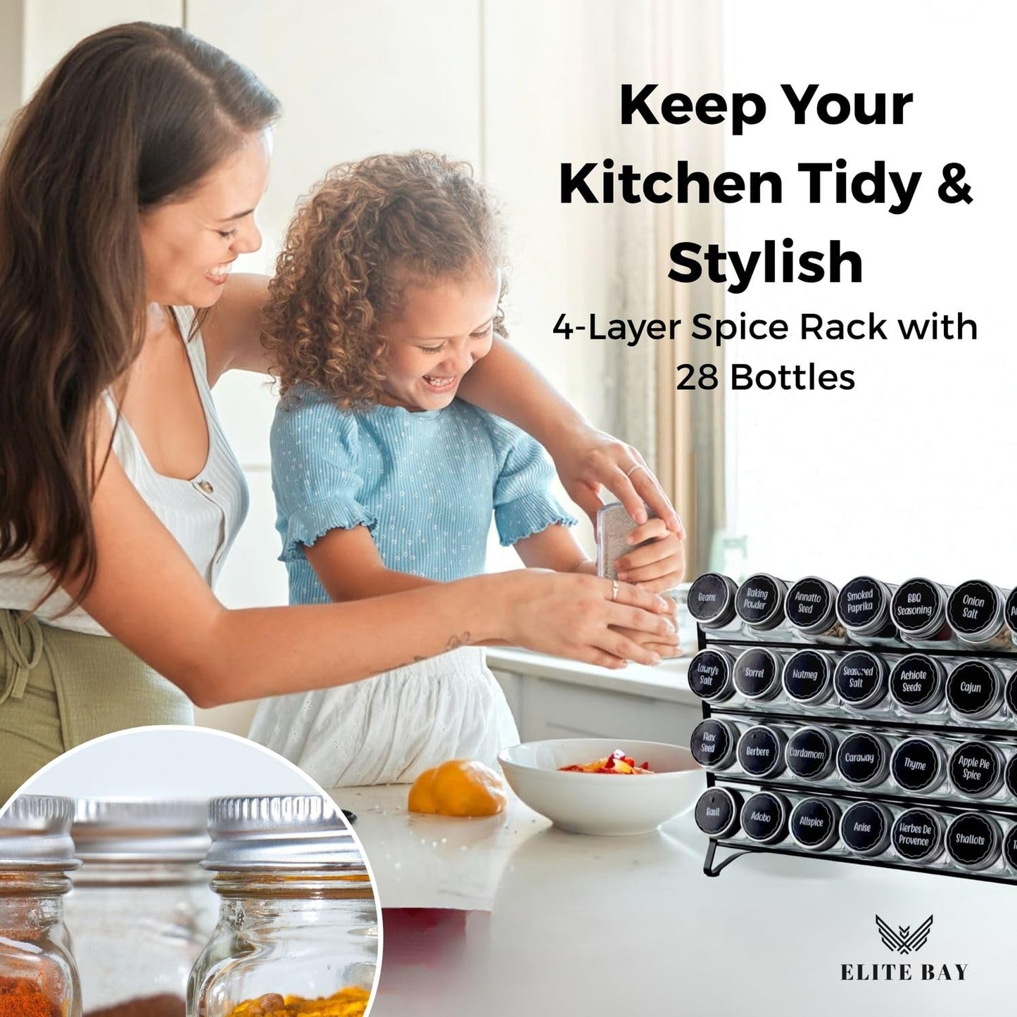 ELITE BAY-Spice Jar Rack Organizer with KEEP – 4-Tier Organizer with 28 Empty Bottles, 180 Waterproof Labels (55 Blanks) & Funnel| Space-Saving Spice Storage for Kitchen Counter or Cabinet.