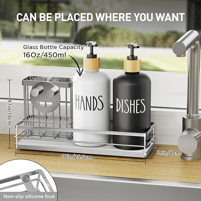 Moforoco Kitchen Dish Soap Dispenser Set, 16OZ Glass Bottle, Hand and Dish Soap