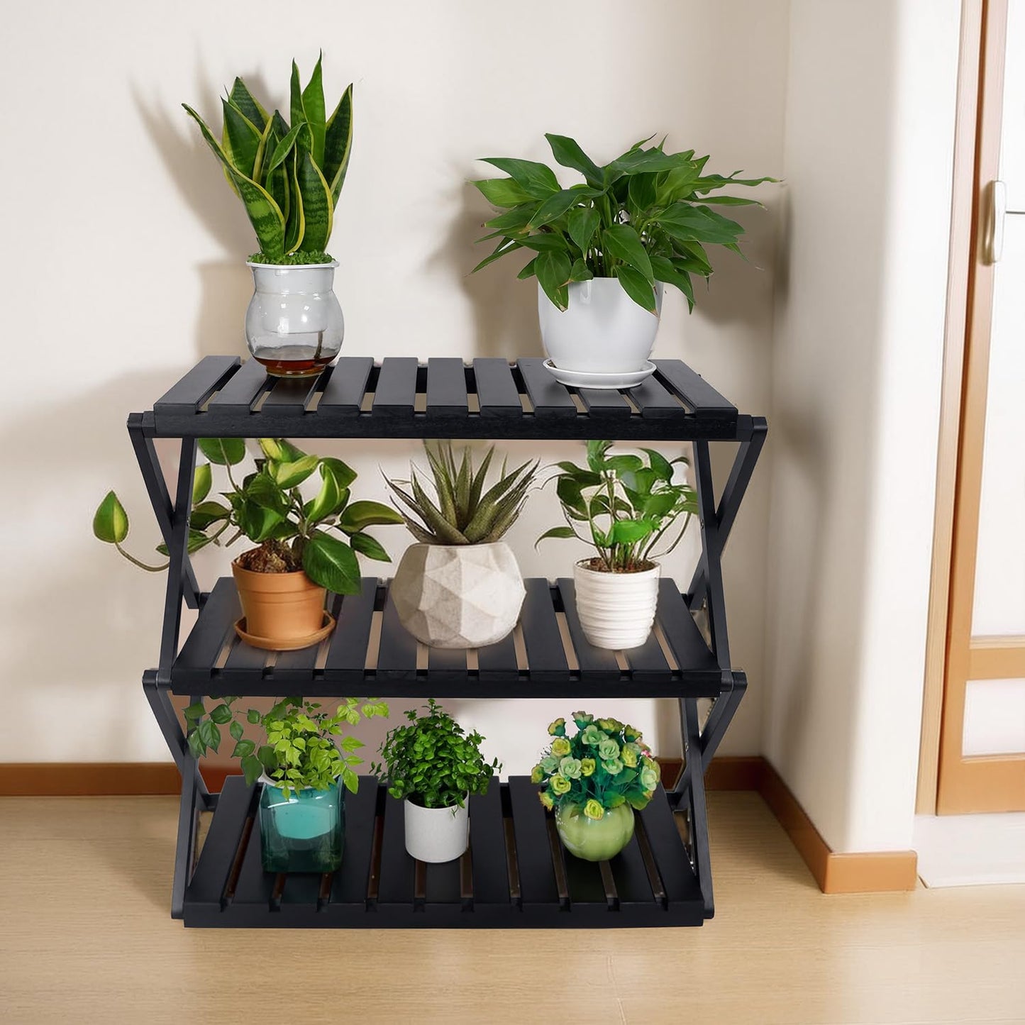 BEEFURNI Acacia Plant Stand Indoor, Wooden Outdoor Plant Stand, Foldable Plant Stand, 3 Tier Conner Space Flower Stand, Plant Ladder Stand (Black)