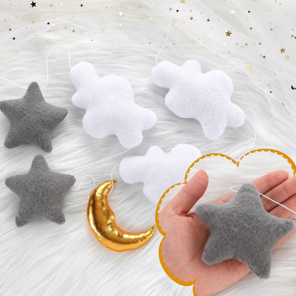 XunYee 5ft 3D Felt Cloud Decorations Hanging with Moon and Stars over The Moon Baby Shower Nursery Decor Cloud Wall Hanging Banner Garland for Wedding Gender Reveal Baby Shower Birthday Party