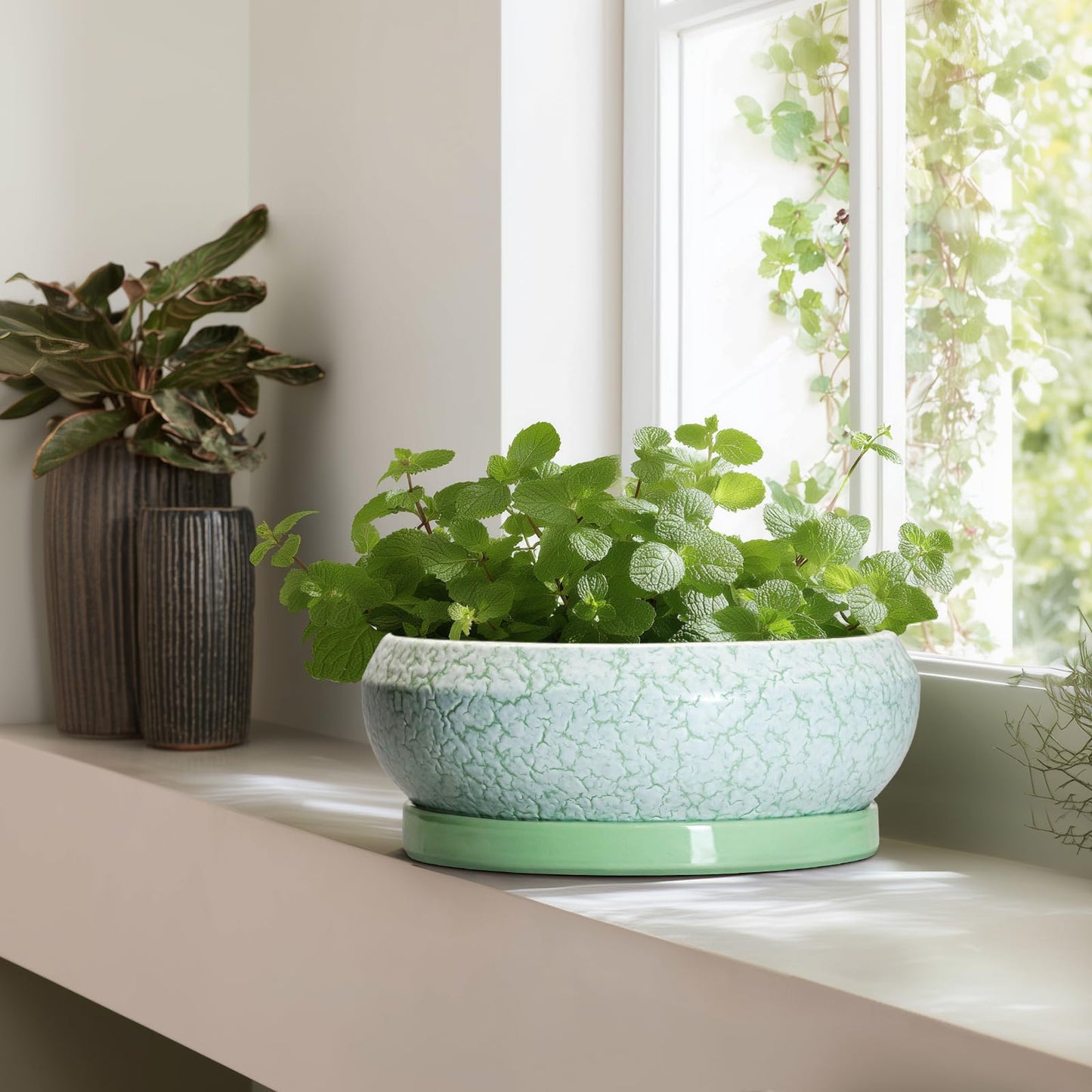 EPFamily Bonsai Pots - 13 Inch Ceramic Succulent Pots for Indoor Outdoor, Large Shallow Planter with Drainage Hole and Saucer, Round Flower Succulent Planter, Patio Decor, Gifts for Women, Green