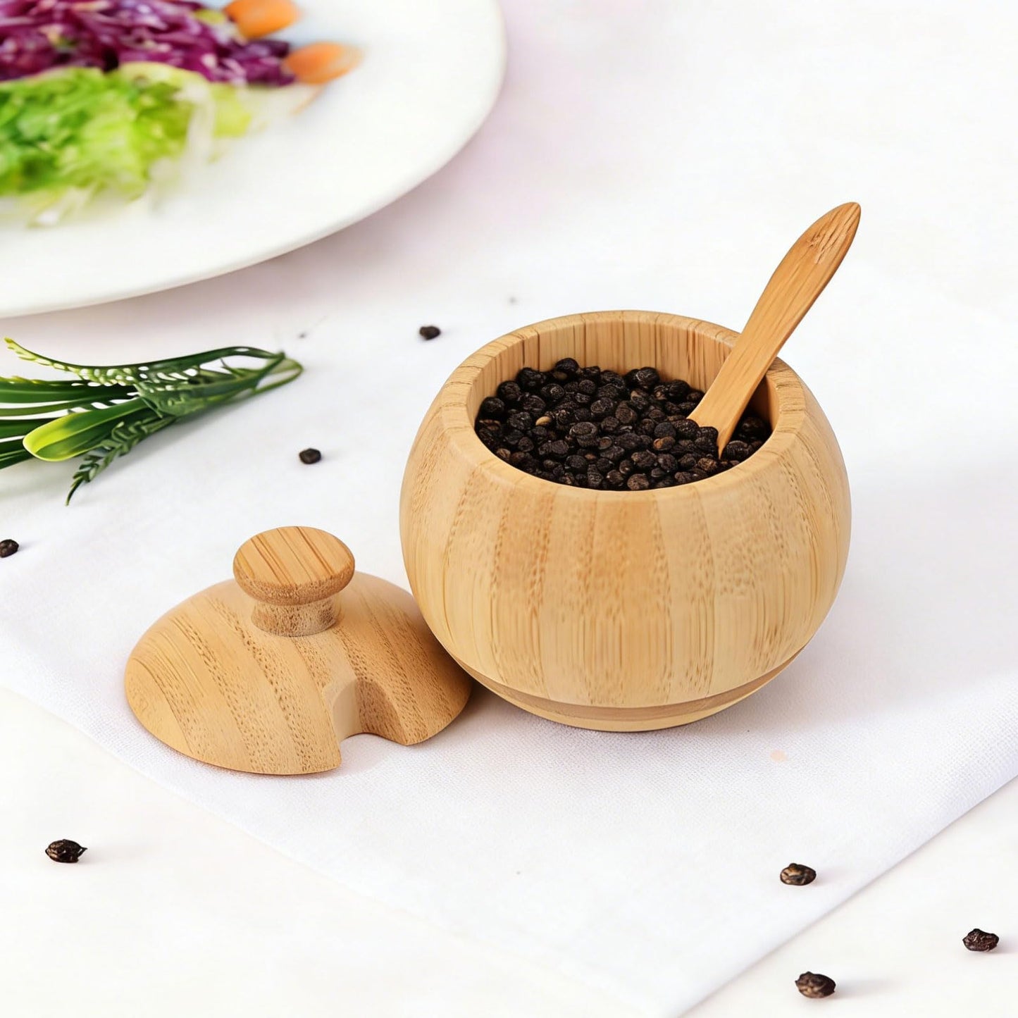 ZTHapwa Bamboo Salt Cellar with Lid and Spoon, 1/2 Cup Wooden Spice Box Storage Container for Kitchen and Restaurant Countertop, Organizes Himalayan Pink, Kosher, Sea Salts & Herbs