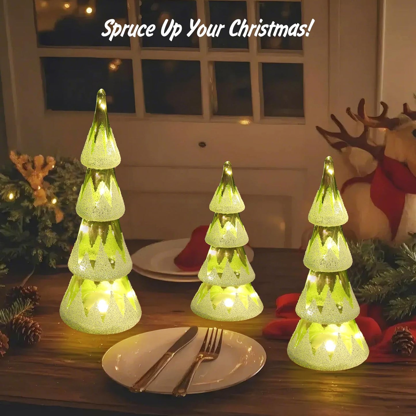 Lewondr LED Glass Christmas Tree Tabletop with Snow Cover Warm Yellow Light, 3 PCS 6H Timer Battery Operated Christmas Table Lamps Ornaments for Xmas Table Decorations Holiday Season Decor, Green