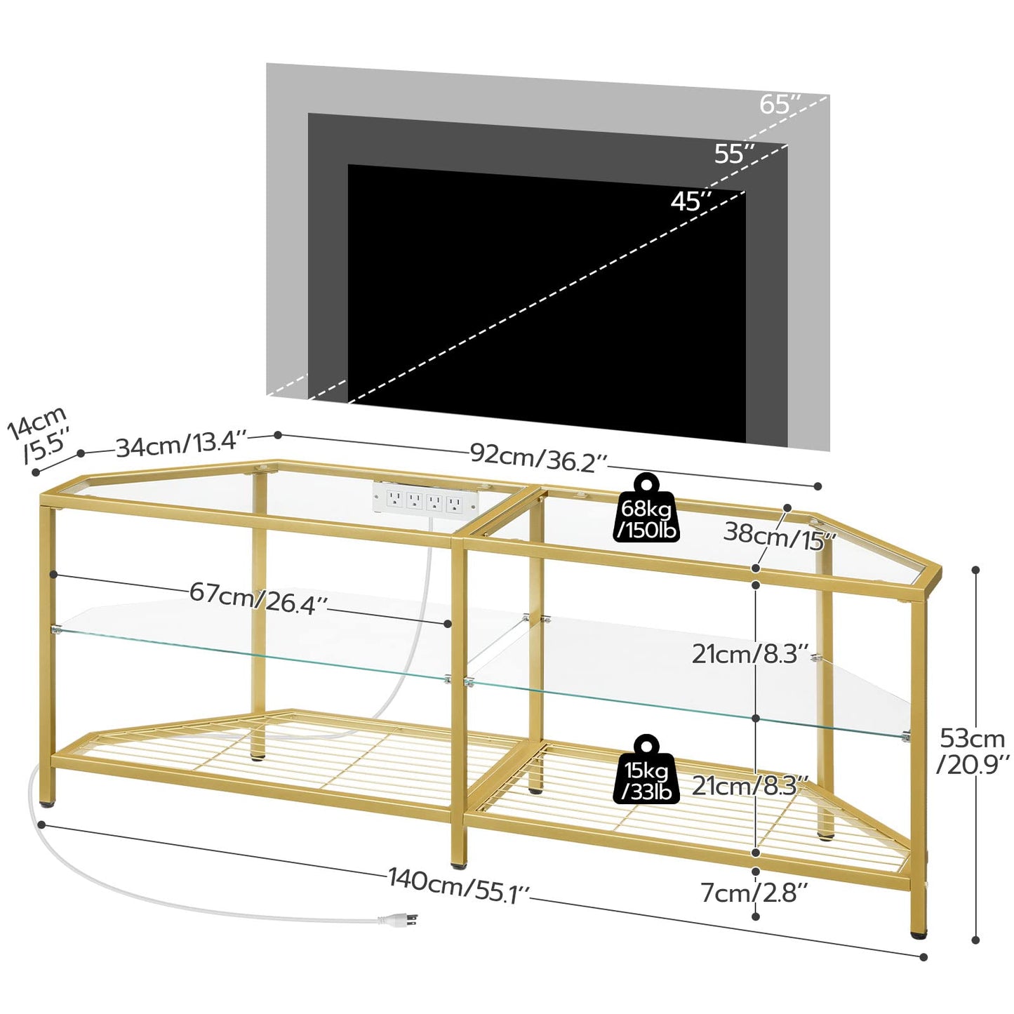 HOOBRO Corner TV Stand with Power Outlet for TVs up to 55", Modern 55" Corner TV Console Table with Open Shelves, Tempered Glass Media Entertainment Center for Living Room, Bedroom, Gold GD143UDS01