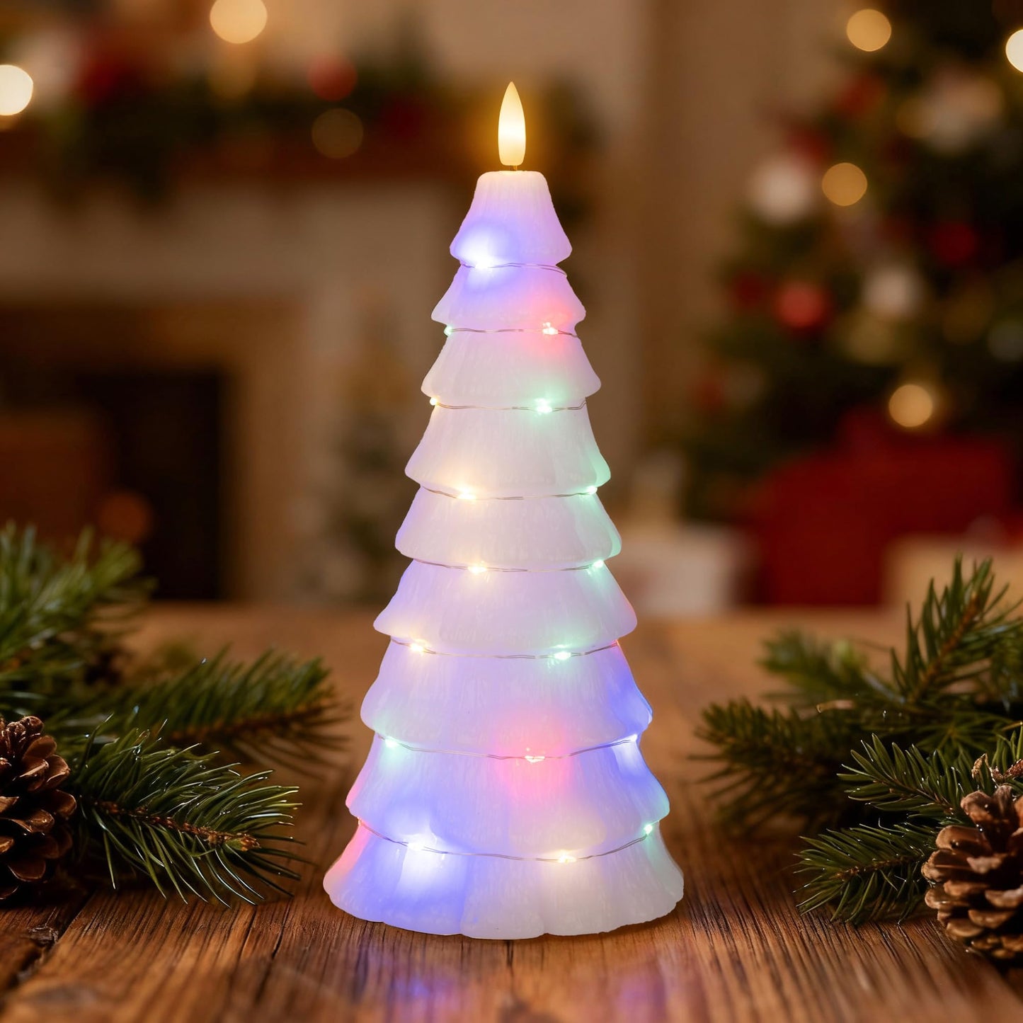 AFINETH Christmas Tree Candles with Remote, Christmas Flameless Candles with Embedded Star String Fairy Lights, Real Wax Battery Operated Candles, Xmas Flameless Candles for Mantel Decor
