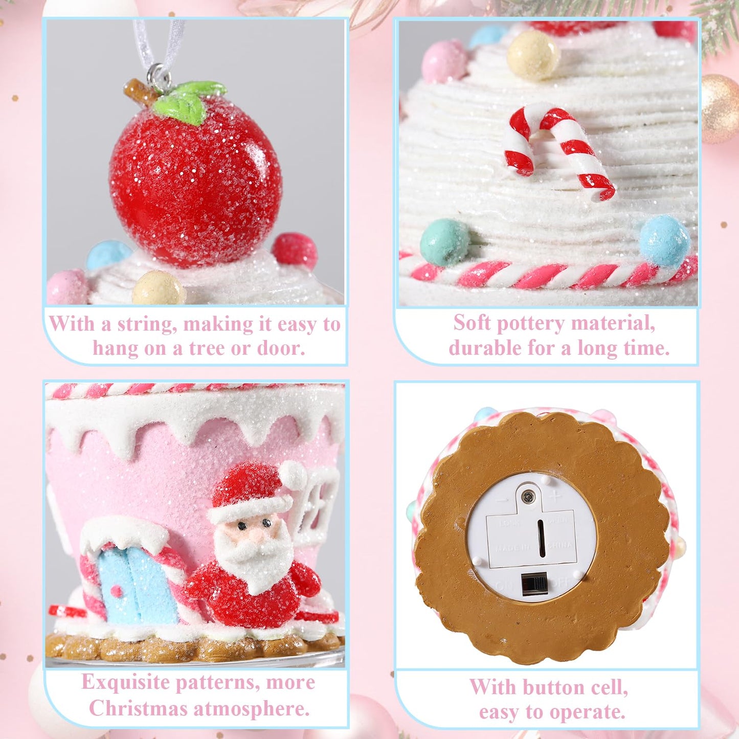 Christmas Pastel Gingerbread House Ornaments Decorations,3pcs Soft Clay Pastel Pink Blue Green Small Candy House With Light Christmas Ornaments for Christmas Tree Hanging Pendants Xmas Tree Decoration