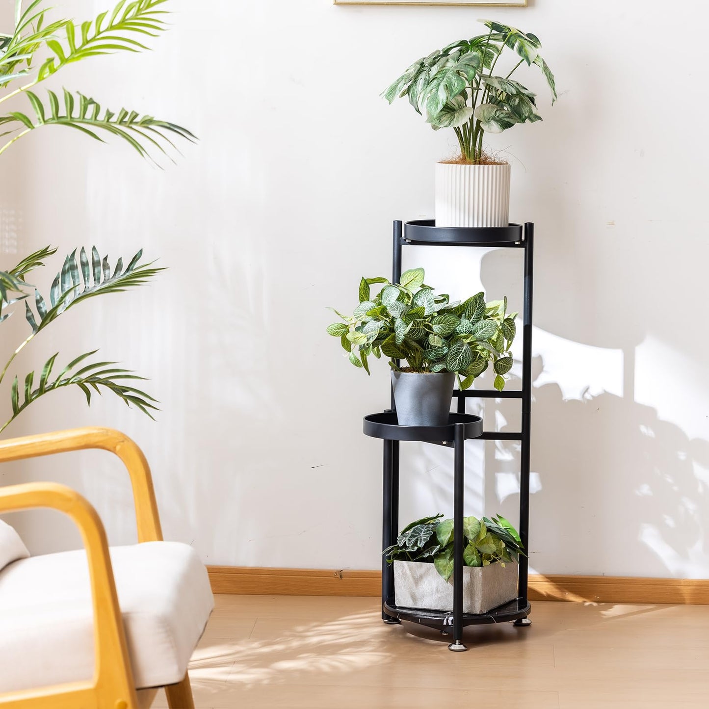 CHPHI 3 Tier Plant Stand, Tall Metal Shelf Holder for Indoor, Outdoor Display Rack Flower Pot Stand for Corner Living Room Balcony Garden Patio (black)