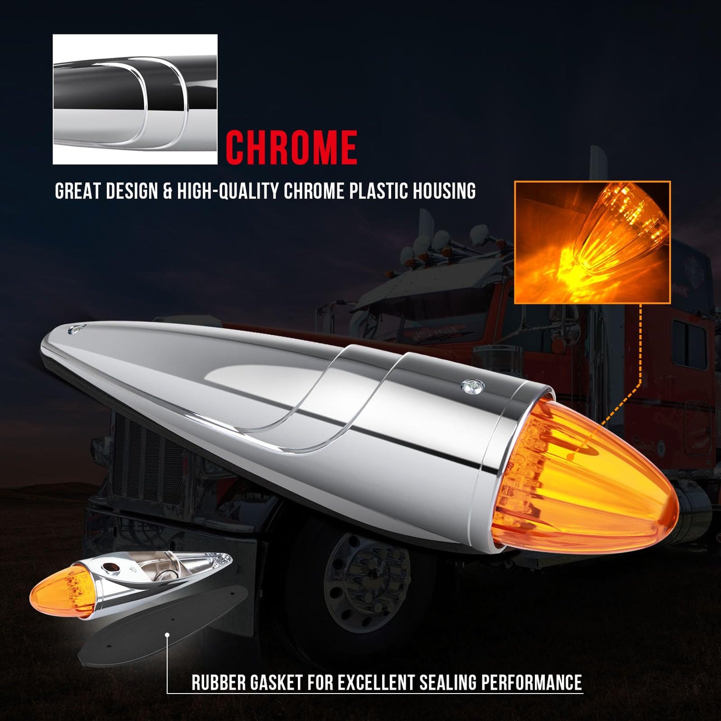 cciyu 11x Truck Cab Marker Light 17 LED Torpedo Cab Marker Lights Chrome Heavy Duty Trucks Replacement for International Kenworth/Peterbilt/Freightliner/Mack Amber Top Roof Running Light