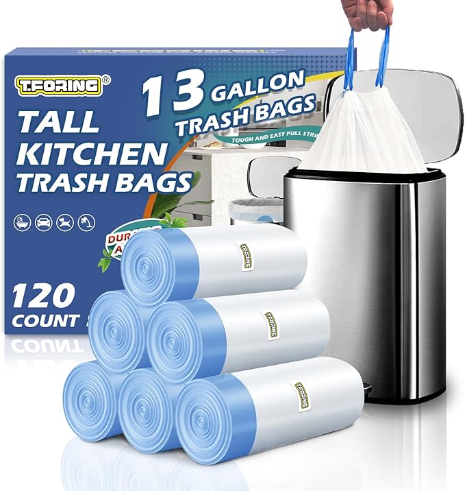 13 Gallon Trash Bags Drawstring 120 Count, 1.7 Mil Thick White Garbage Bags