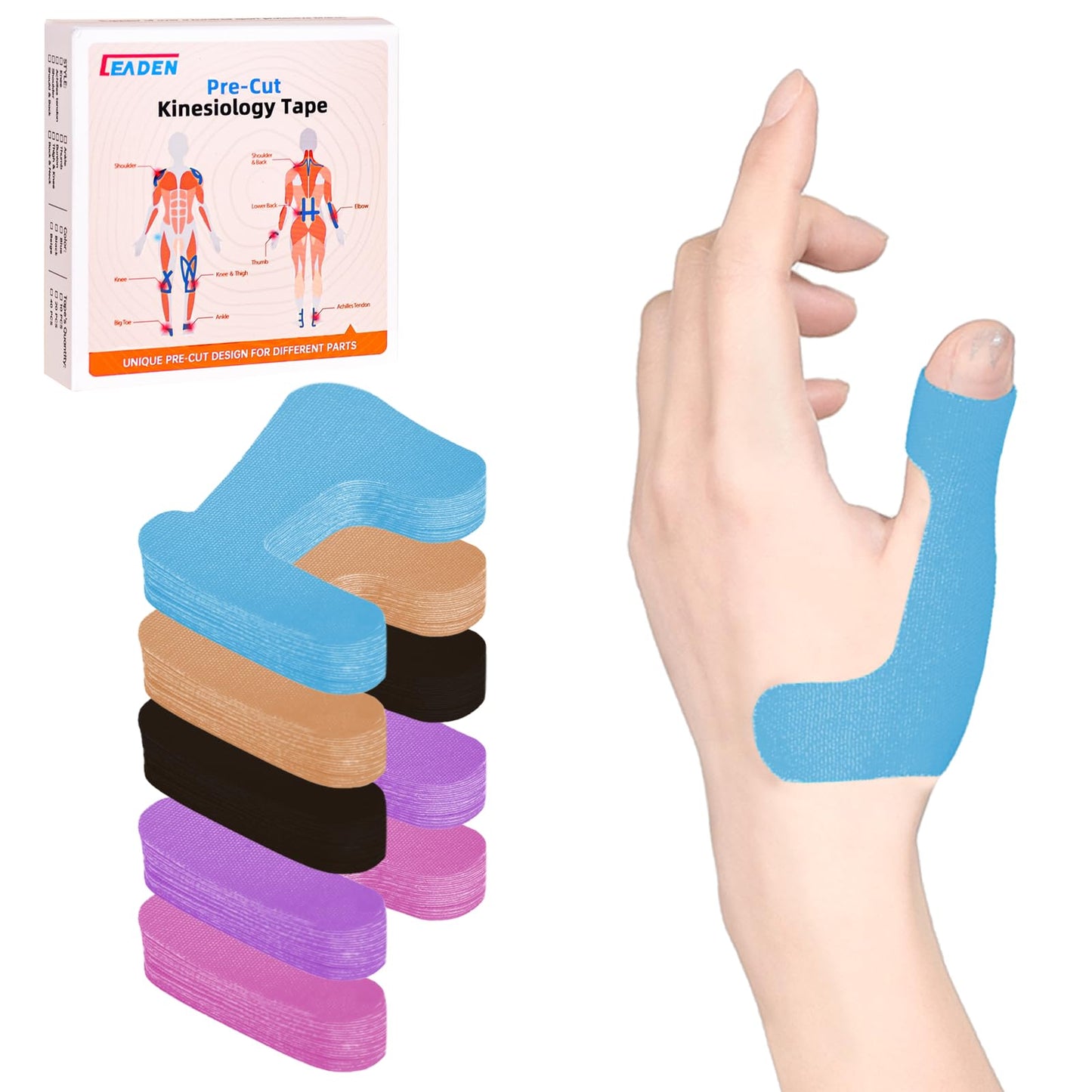 IEADEN Precut Kinesiology Tape for Thumb (Left Hand), 40 Pcs - Thumb Support & Stability, Thumb Pain Relief Athletic Tape - Waterproof & Elastic, Breathable Hypoallergenic Latex-Free Tape, Blue