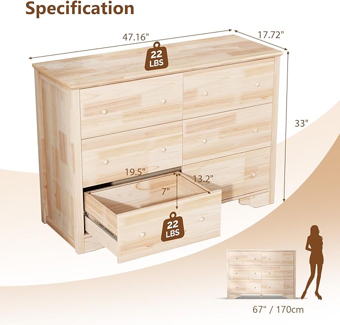 VINGLI 6 Drawer Dresser with Unfinished Solid Wood