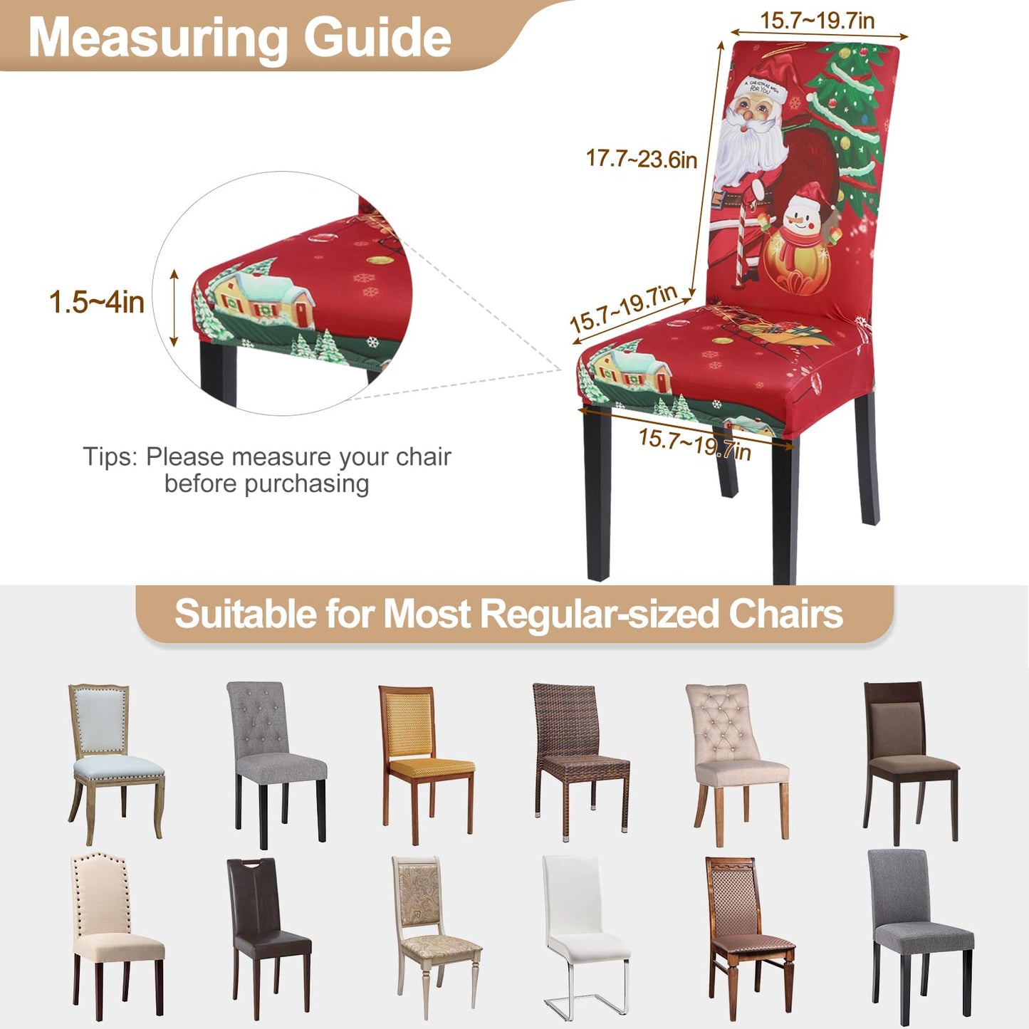 SearchI Christmas Dining Chair Covers Set of 4,Stretch Printed Kitchen Chair Cover Washable Spandex Xmas Parsons Chair Protector Slipcovers for Christmas Decoration,Holiday Party(Santa Claus)