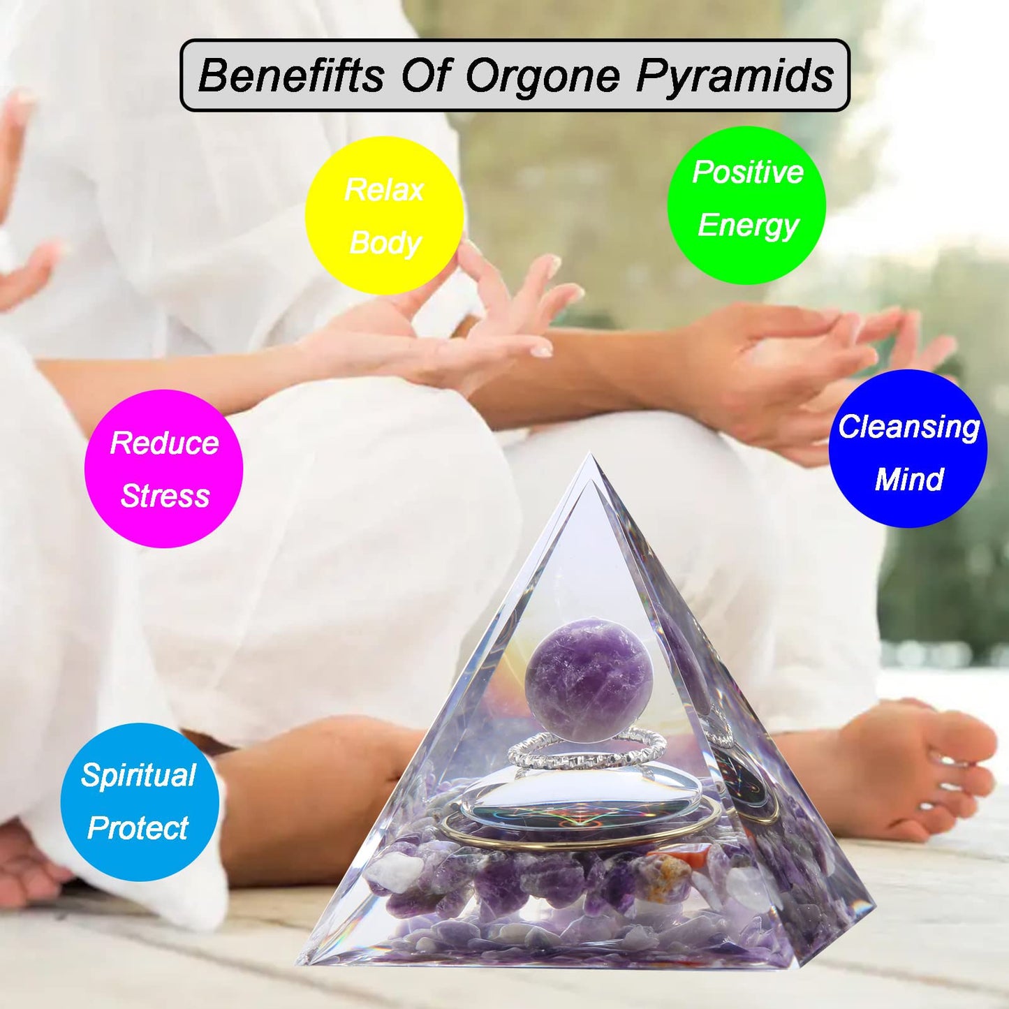 Orgone Pyramid - Positive Energy Source for Meditation, Stress Relief, Wealth Attraction | Crystal Pyramid Orgonite with Protection Crystals | Ideal Energy Generator & Stylish Room Decor