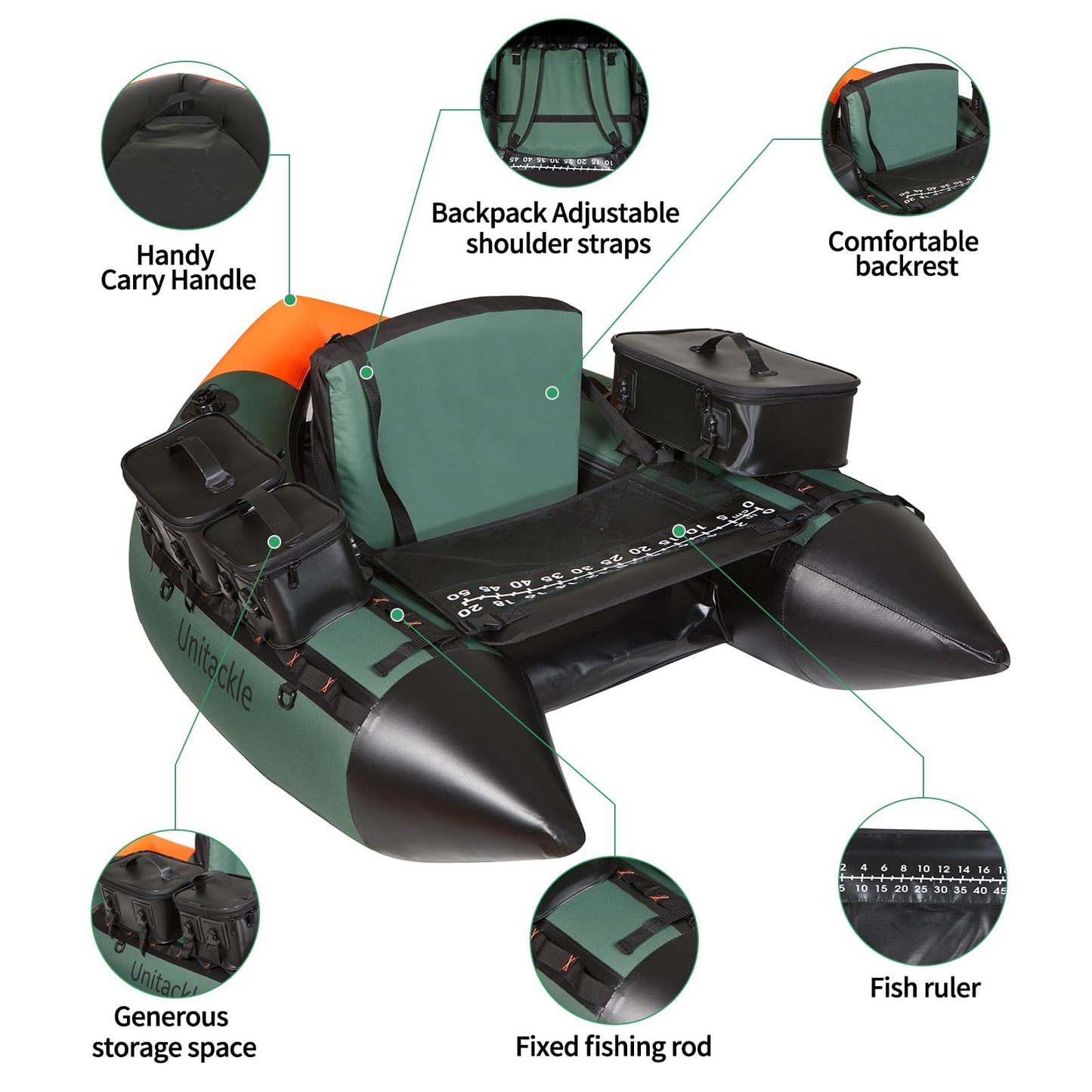 UNITACKLE Inflatable Fishing Float Tube, Belly Boat Fishing with Detachable Side Bags, Hand Pump, Fish Ruler, Paddle, Fins, Rod Holder and Mount, Inflatable Float Tube for 330lb Load Capacity