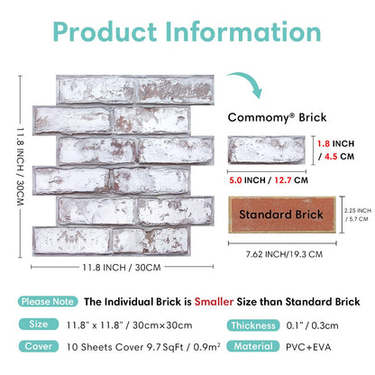 Commomy 10 Pcs 3D Faux Brick Wall Panels -11.8"X11.8" Small Size PVC Grey Whitewash Brick Peel and Stick Tiles Backsplash DIY Brick Wallpaper Wall Tile for Bedroom, Kitchen, Fireplace,RV