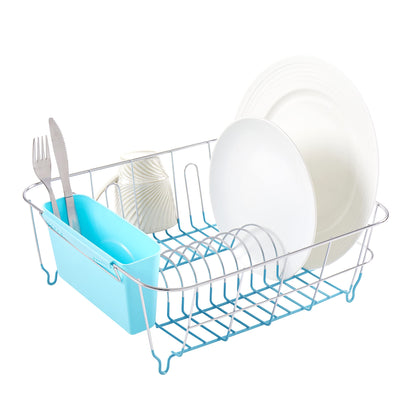 Sweet Home Collection 2 Piece Dish Drying Rack Set Drainer with Utensil Holder Simple Easy to Use Fits in Most Sinks, 14.5" x 13" x 5.25", Turquoise Blue