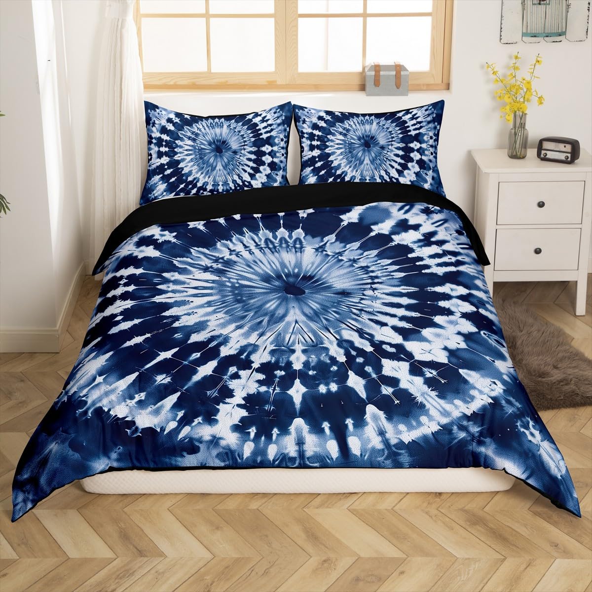 Erosebridal Tie Dye Comforter Cover Purple Spiral Swirl Duvet Cover Batik Gypsy Bedding Set Modern Abstract Pattern Quilt Cover, Navy Blue, Room Decorative 3 Pcs Queen Size, Lightweight