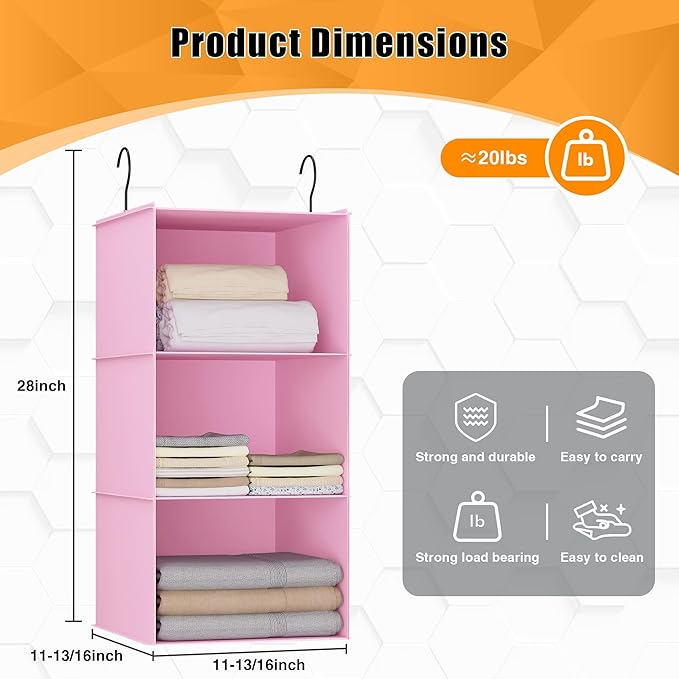 Hanging Closet Organizer and Storage 3-Shelf, Easy Mount Foldable Hanging
