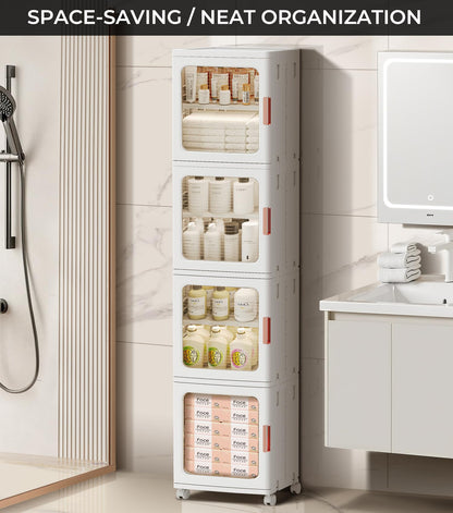 BUMODEL 4-Tier White Slim Storage Cabinet and 4-Tier Beige Slim Storage Cabinet with Doors and Adjustable Shelves
