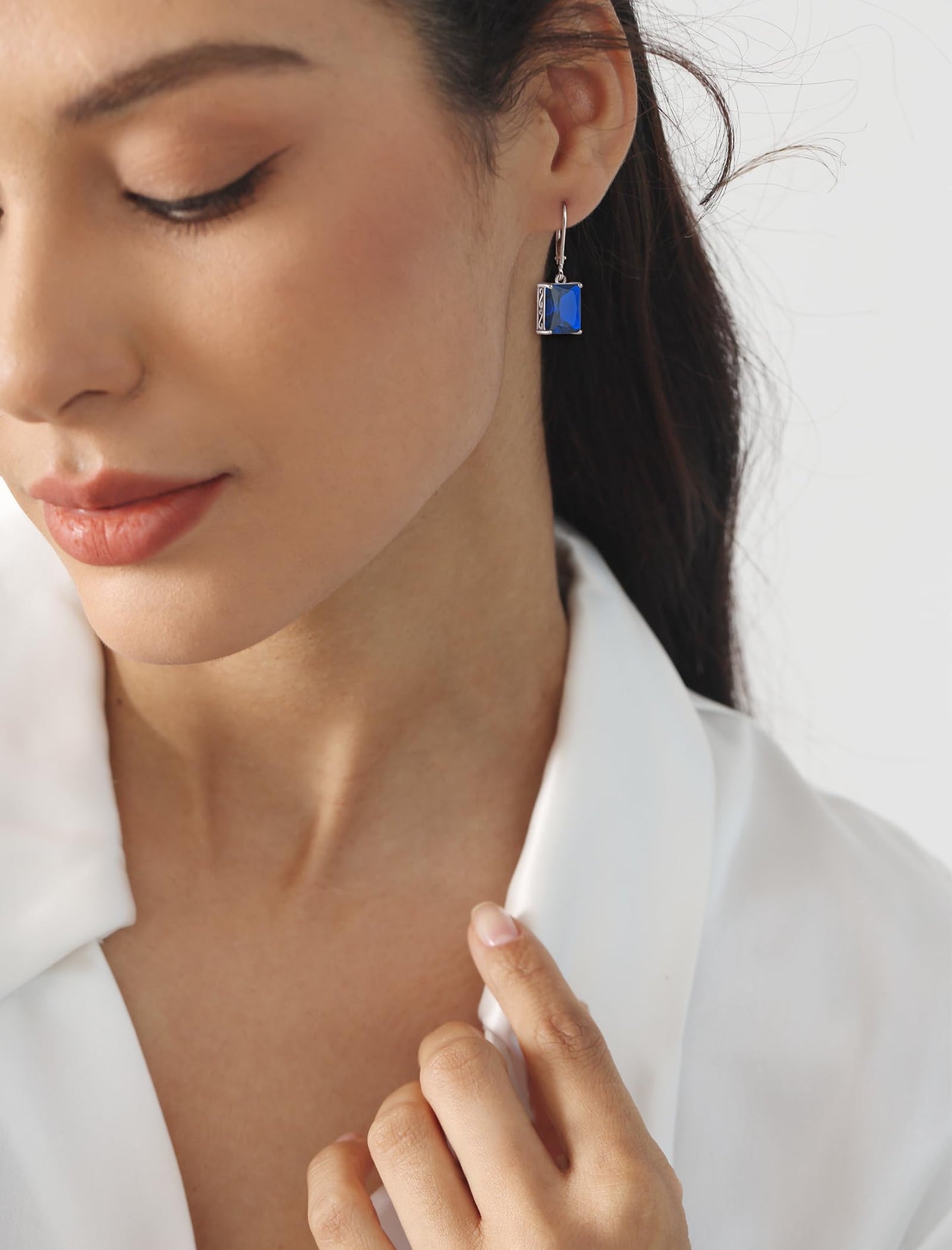 YL Solitaire Dangle Drop Earrings 925 Sterling Silver Leverback Earrings 8X10MM Square Created Sapphire Jewelry