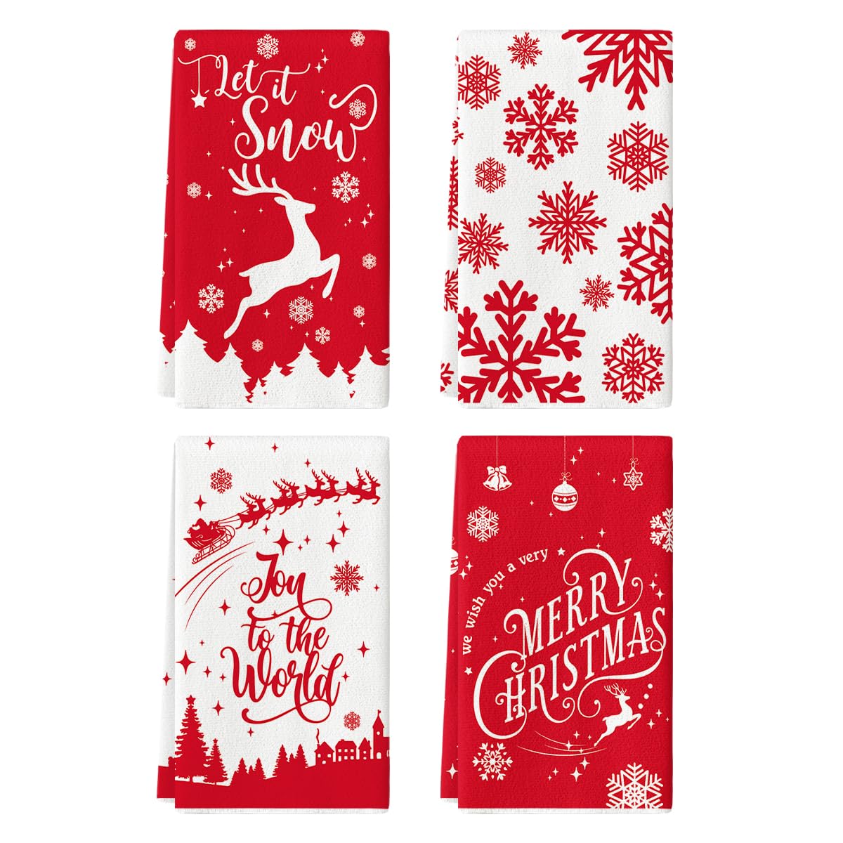Artoid Mode Elk Merry Christmas Kitchen Towels and Dish Towels Red, 18 x 26 Inch Snow Winter Xmas Holiday Ultra Absorbent Drying Cloth Tea Towels for Cooking Baking Set of 4